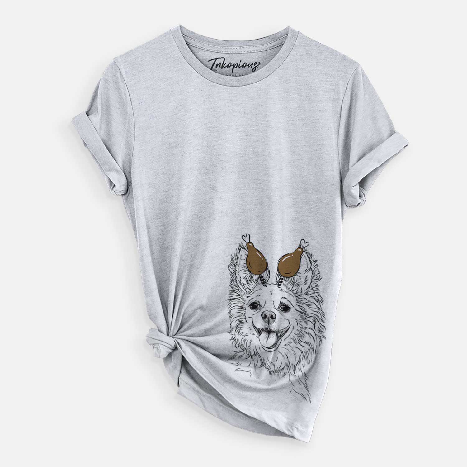 Hand-drawn sketch of Jasper the Pomchi with a Thanksgiving turkey headpiece on a Grey Unisex crewneck