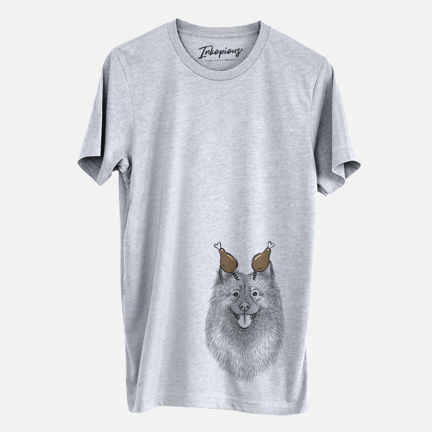 Hand-drawn sketch of Kai the Keeshond with a Thanksgiving turkey headpiece on a Grey Unisex crewneck