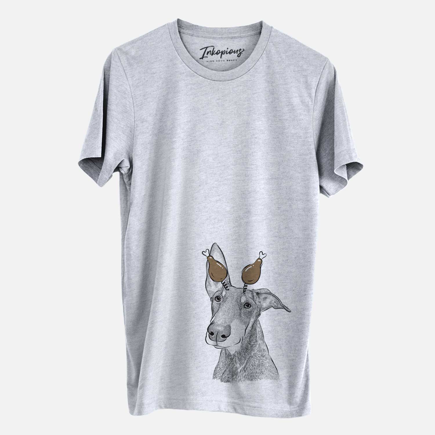 Hand-drawn sketch of Kain the Doberman Pinscher with a Thanksgiving turkey headpiece on a Grey Unisex crewneck