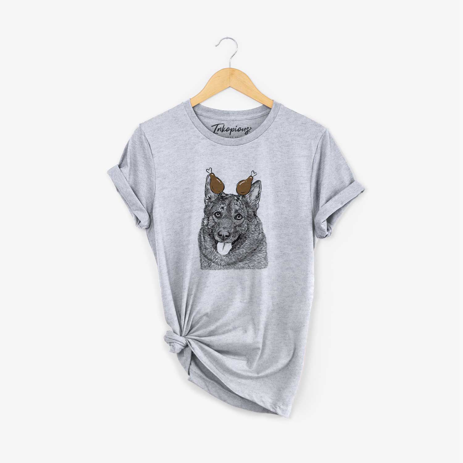 Hand-drawn sketch of Kasia the Norwegian Elkhound with a Thanksgiving turkey headpiece on a Grey Unisex crewneck