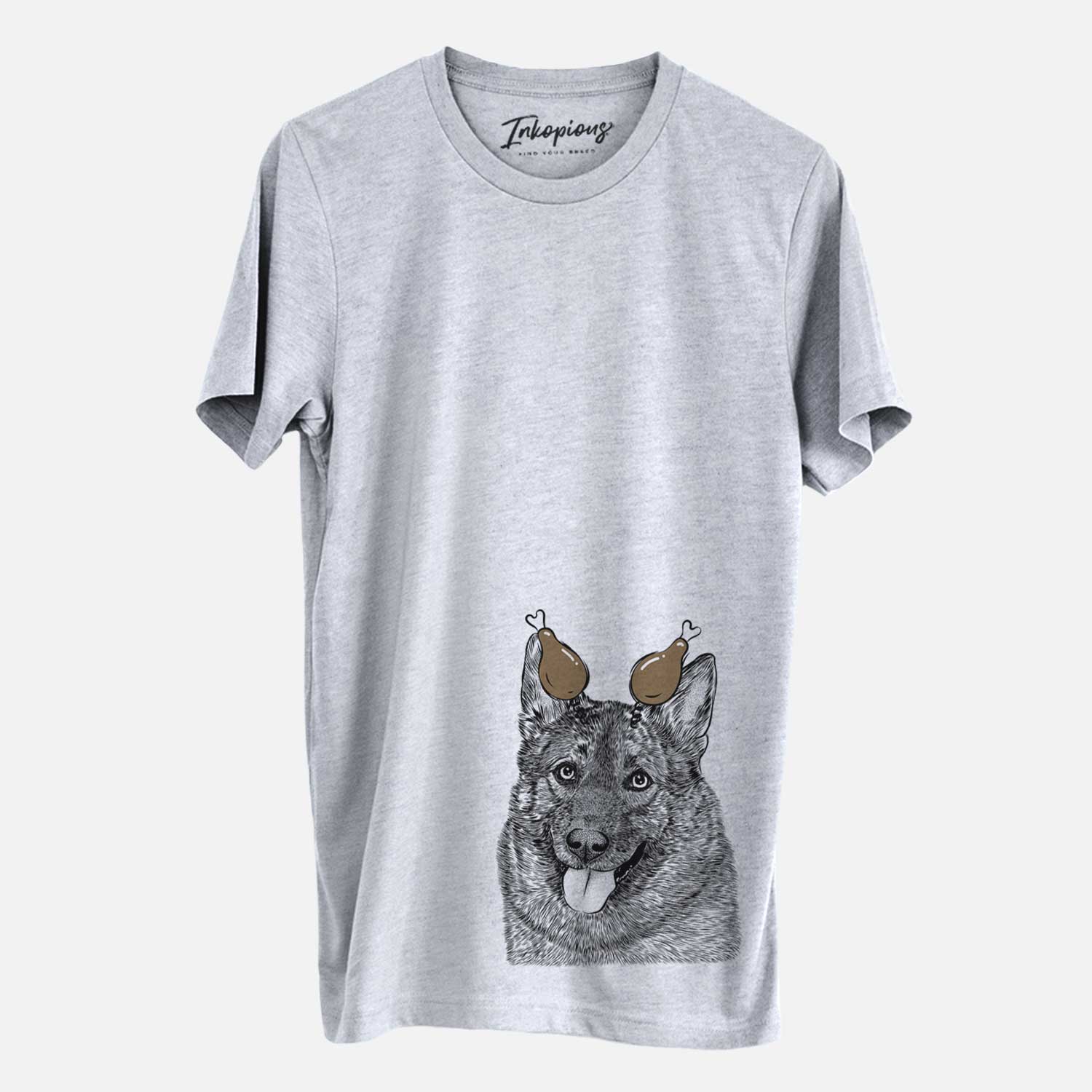 Hand-drawn sketch of Kasia the Norwegian Elkhound with a Thanksgiving turkey headpiece on a Grey Unisex crewneck