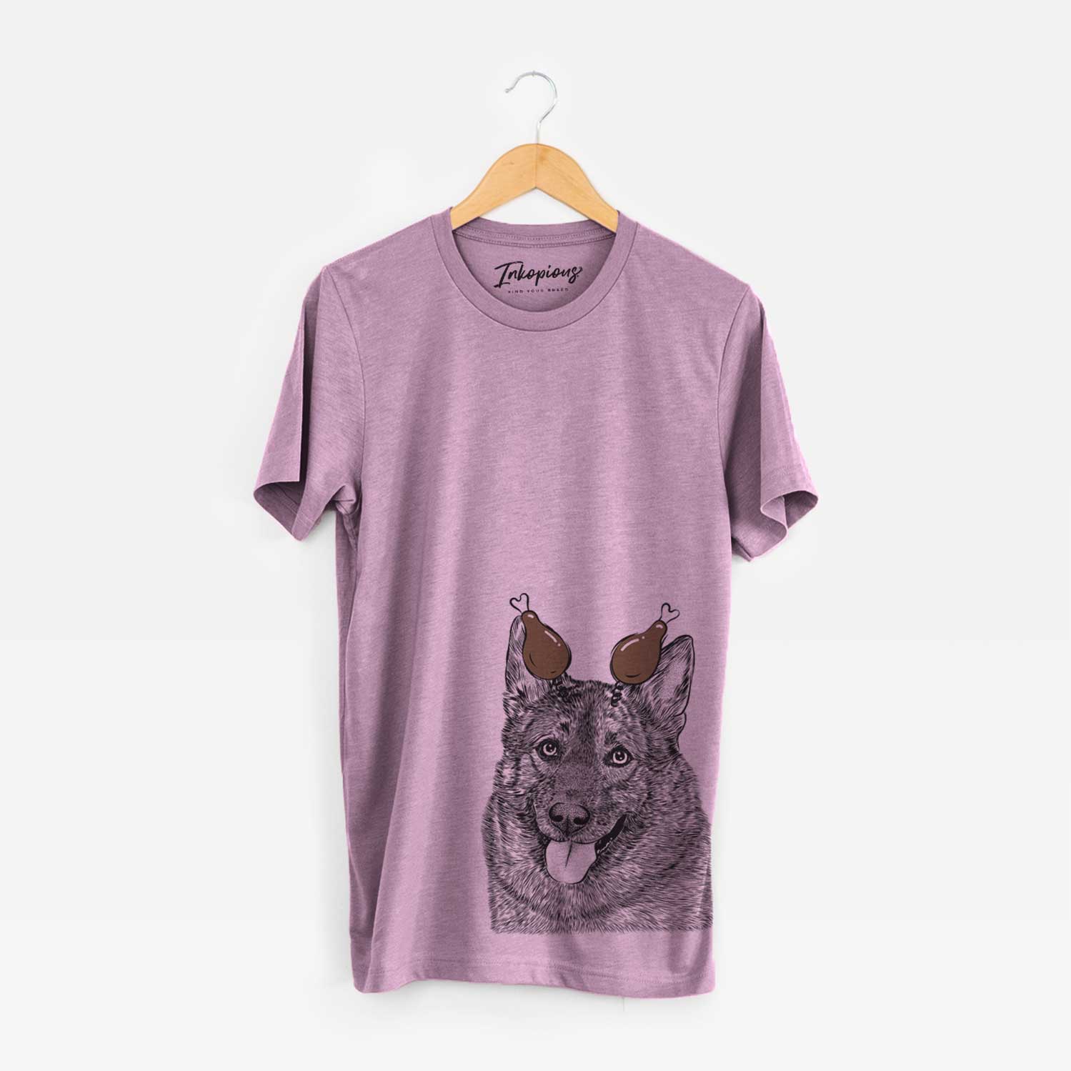Hand-drawn sketch of Kasia the Norwegian Elkhound with a Thanksgiving turkey headpiece on an Orchid Unisex crewneck