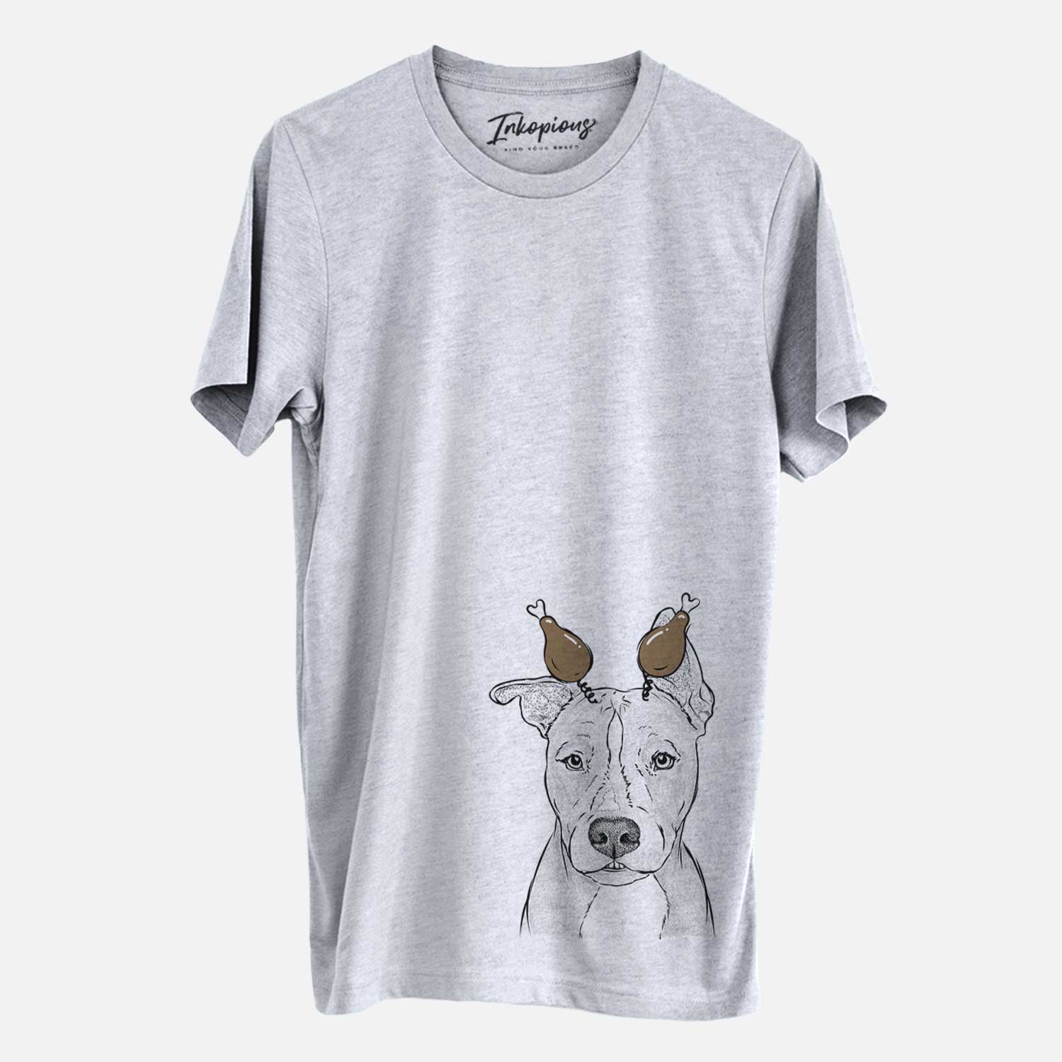 Hand-drawn sketch of Kisses the Pitbull with a Thanksgiving turkey headpiece on a Grey Unisex crewneck