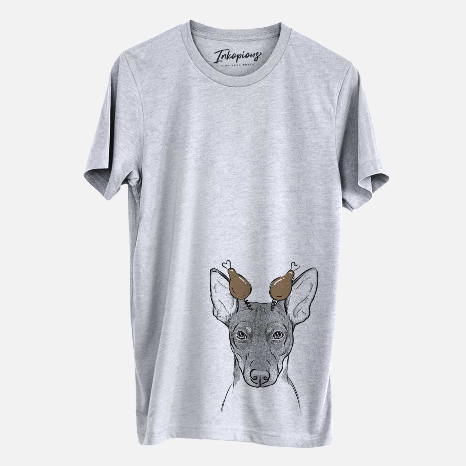 Hand-drawn sketch of Knox the Rat Terrier with a Thanksgiving turkey headpiece on a Grey Unisex crewneck
