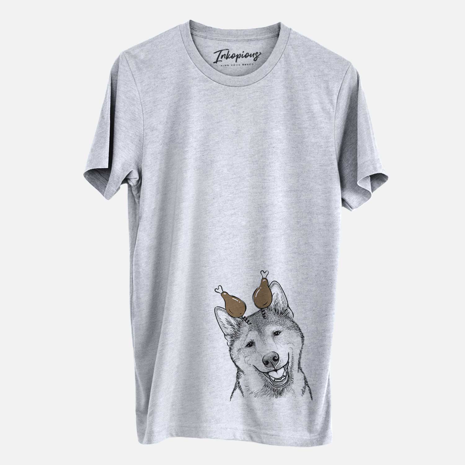 Hand-drawn sketch of Koby the Shiba Inu with a Thanksgiving turkey headpiece on a Grey Unisex crewneck