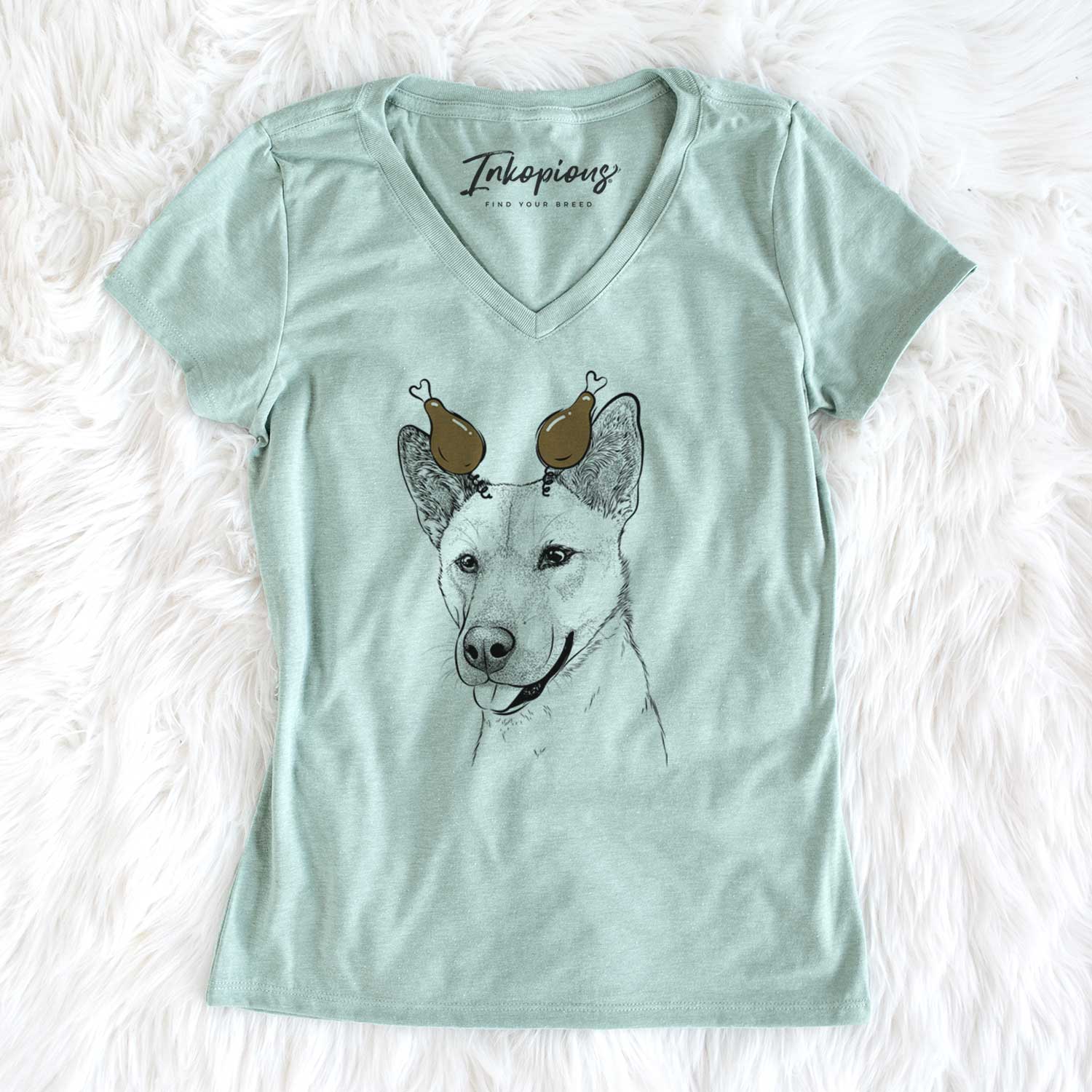 Thanksgiving Kulfi the Jindo Shiba Inu Mix - Women's V-neck Shirt