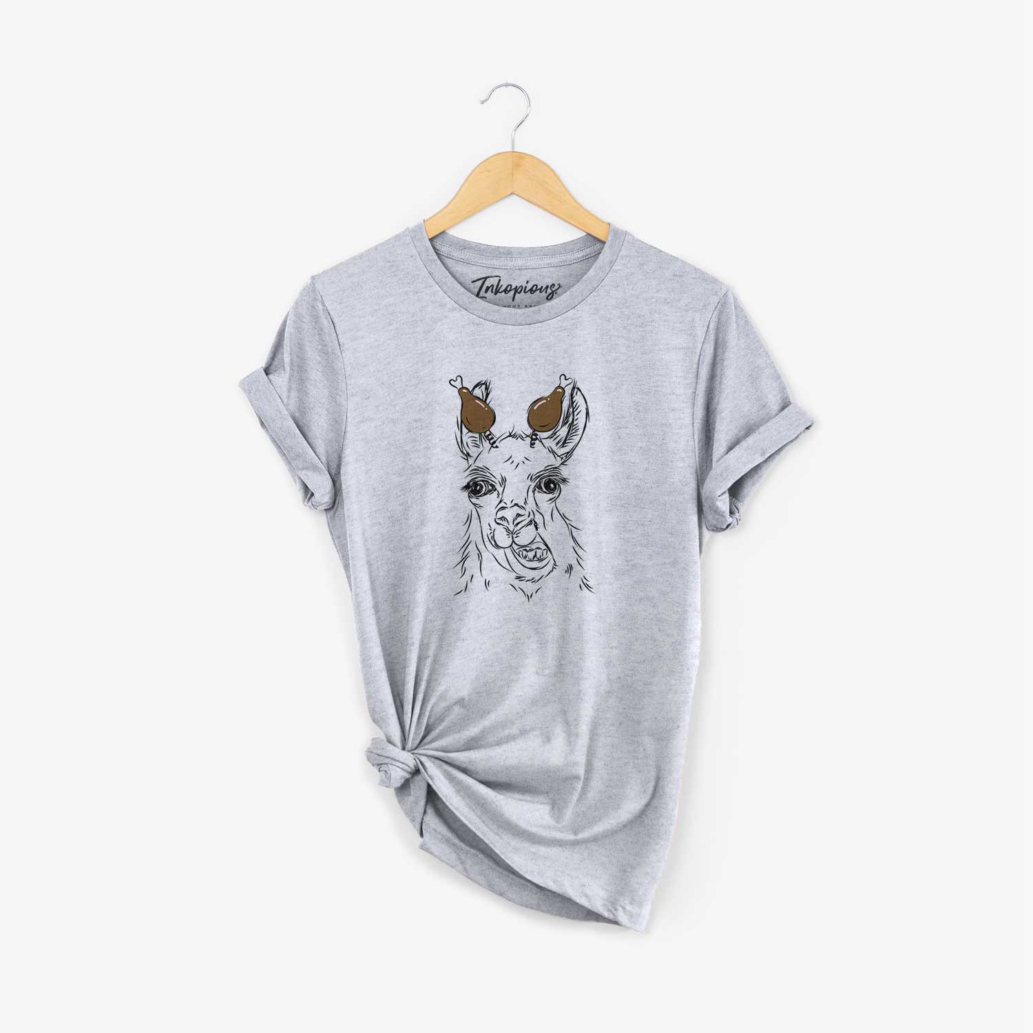 Hand-drawn sketch of Larry the Llama with a Thanksgiving turkey headpiece on a Grey Unisex crewneck