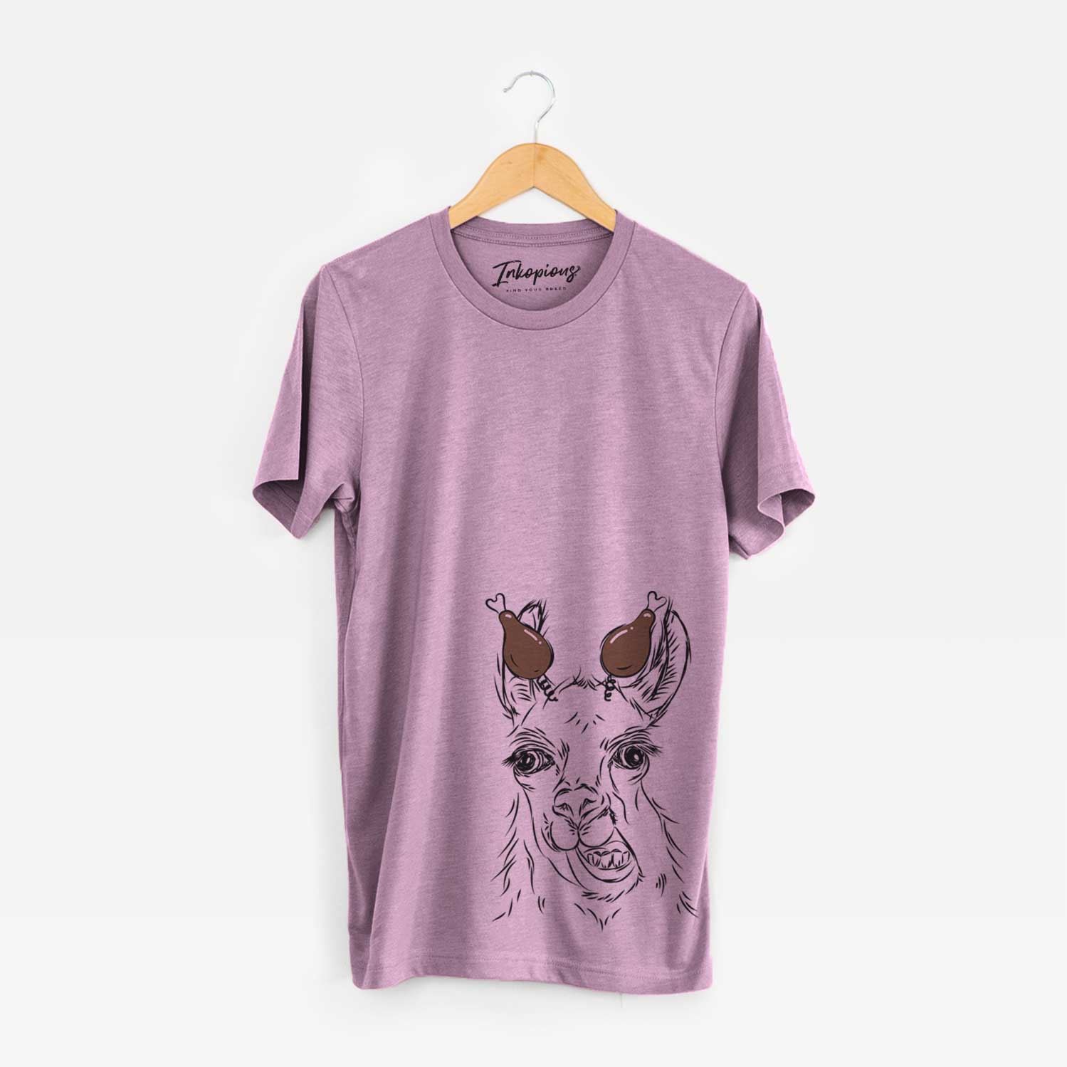 Hand-drawn sketch of Larry the Llama with a Thanksgiving turkey headpiece on an Orchid Unisex crewneck