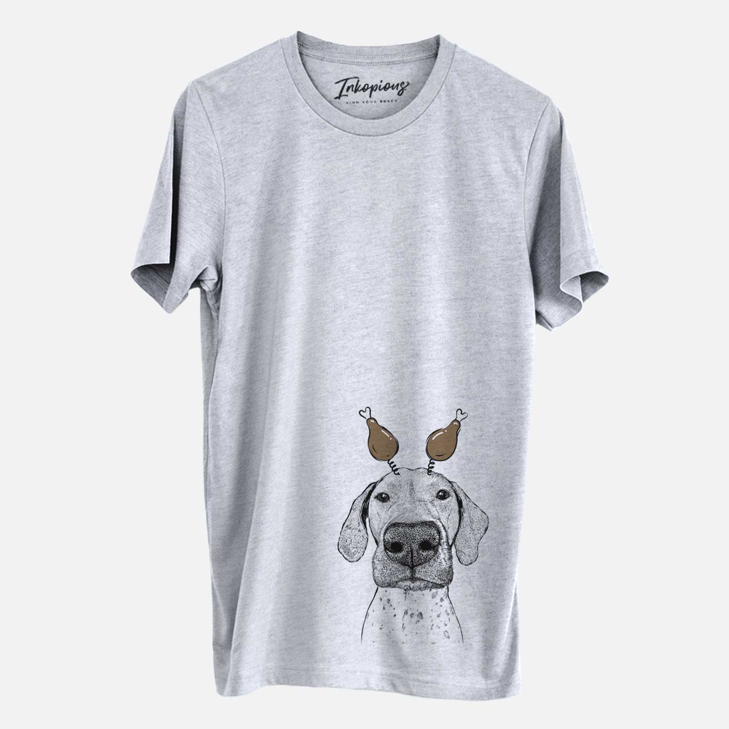 Hand-drawn sketch of Leroy the German Shorthaired Pointer with a Thanksgiving turkey headpiece on a Grey Unisex crewneck