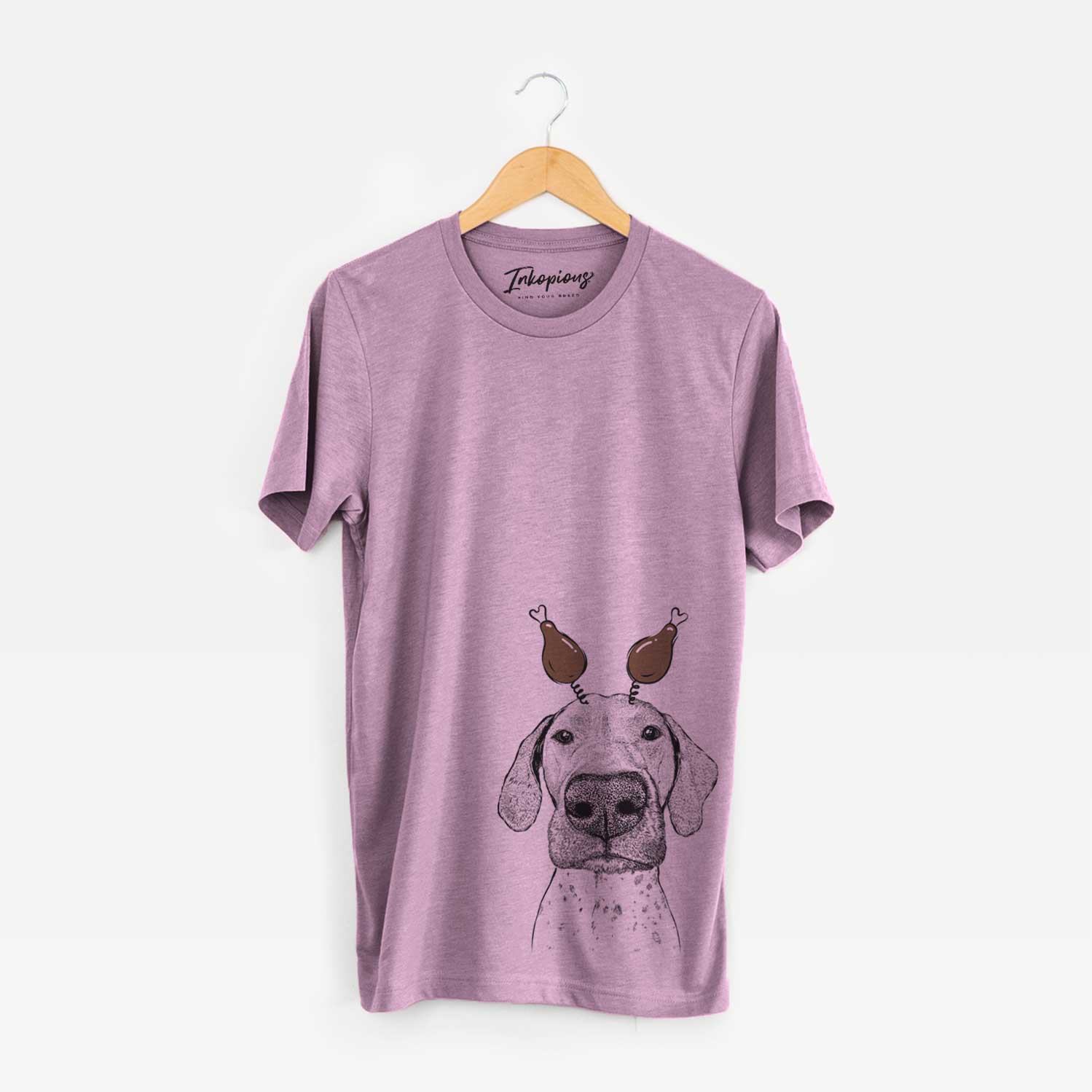 Hand-drawn sketch of Leroy the German Shorthaired Pointer with a Thanksgiving turkey headpiece on an Orchid Unisex crewneck