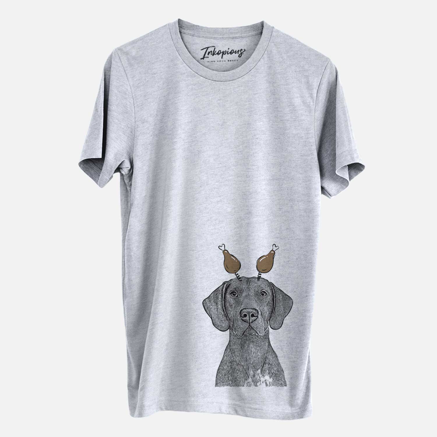 Hand-drawn sketch of Lucifer the German Shorthaired Pointer with a Thanksgiving turkey headpiece on a Grey Unisex crewneck