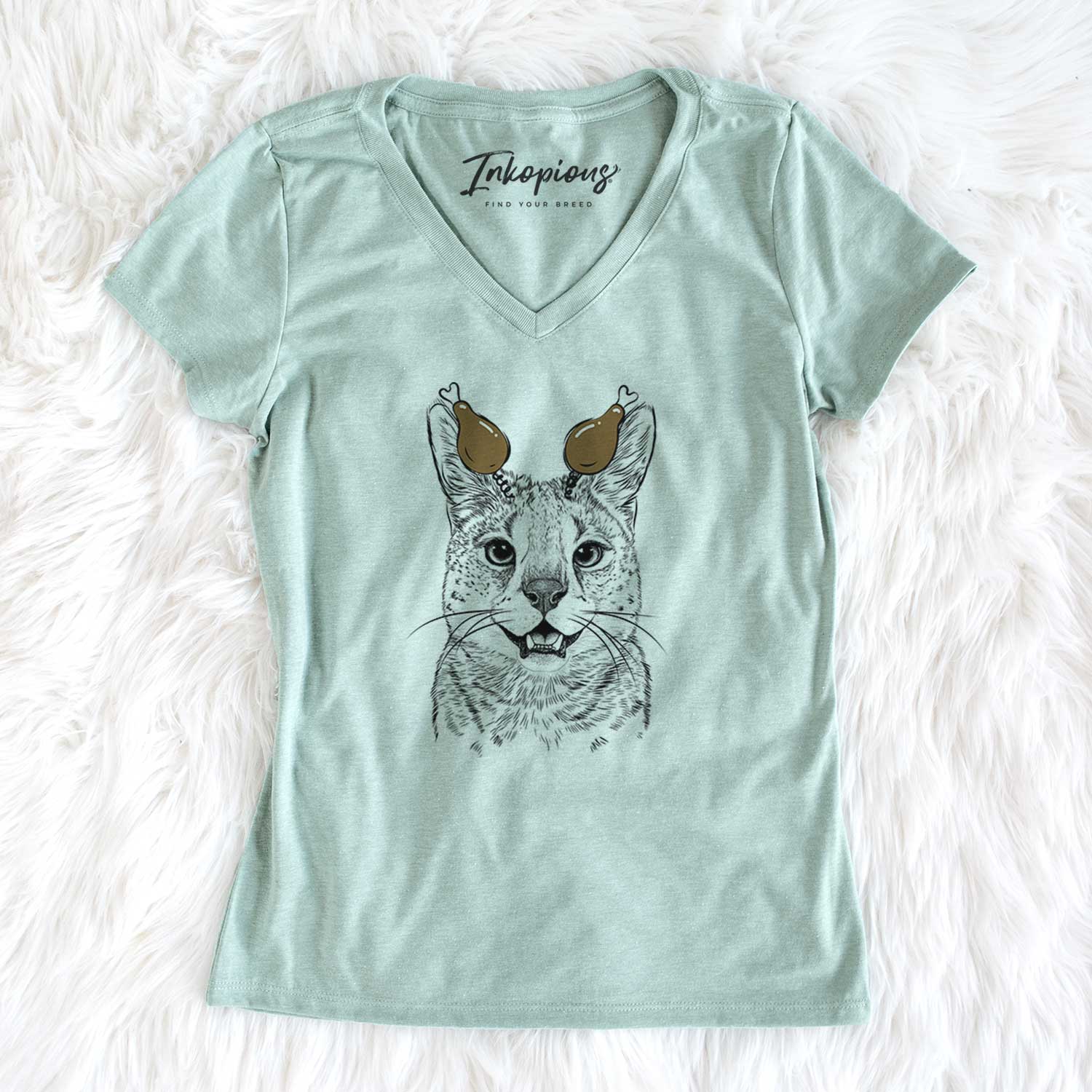 Thanksgiving Lucky the Serval Cat - Women's V-neck Shirt