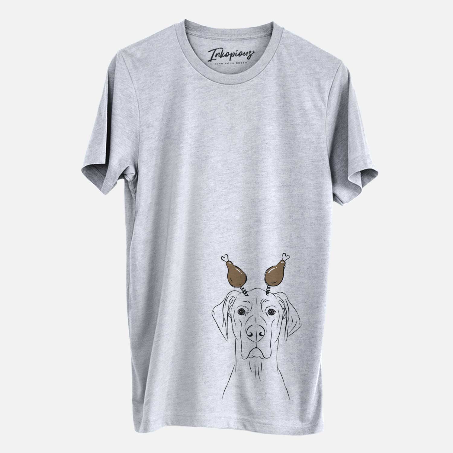 Hand-drawn sketch of Maddox the Great Dane with a Thanksgiving turkey headpiece on a Grey Unisex crewneck