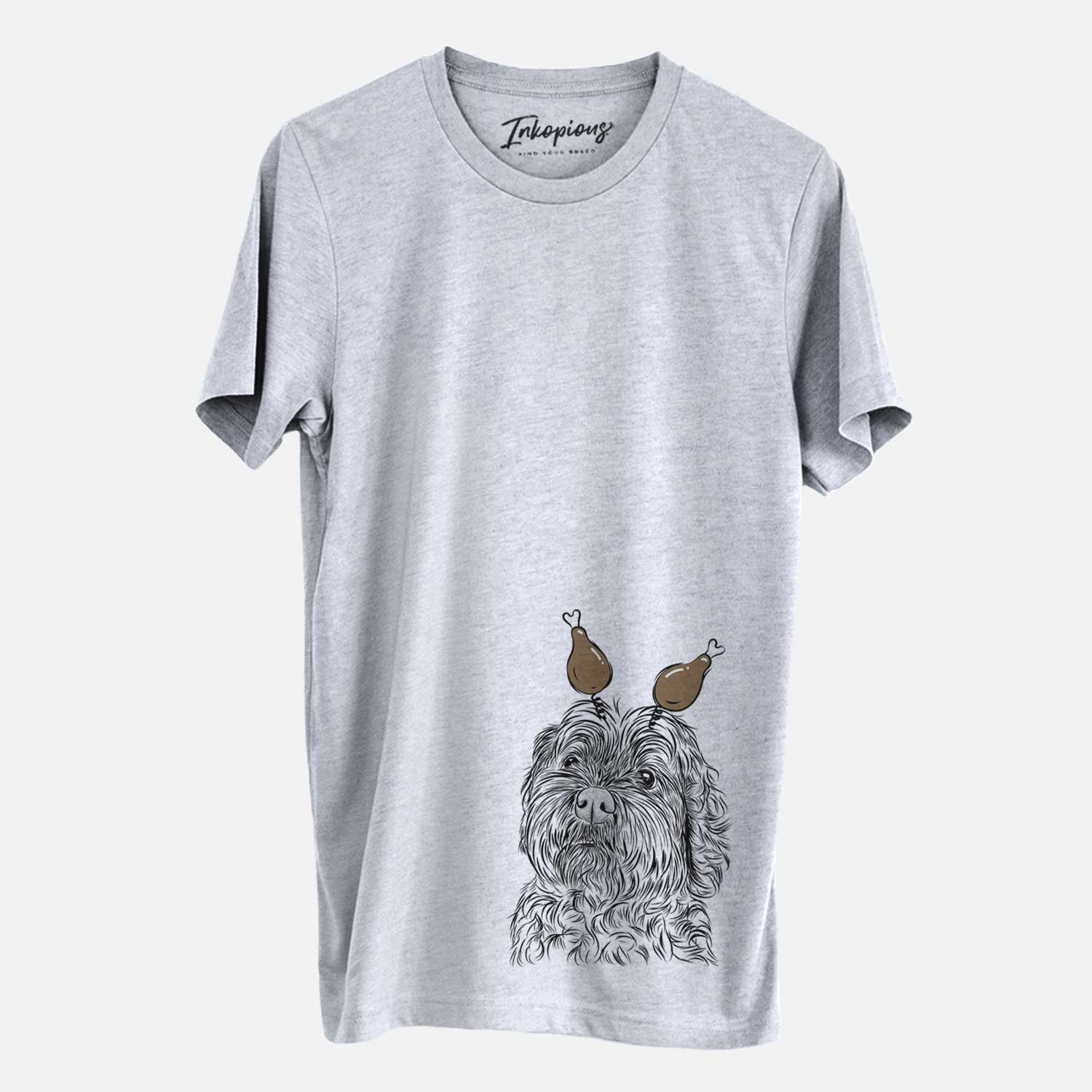 Hand-drawn sketch of Maggie Girl the Cockapoo with a Thanksgiving turkey headpiece on a Grey Unisex crewneck