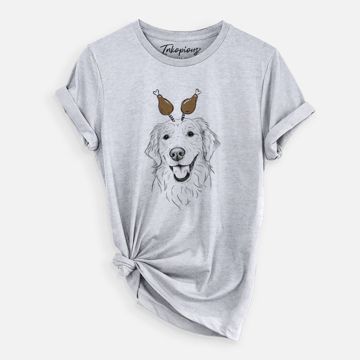 Hand-drawn sketch of Maple the Golden Retriever with a Thanksgiving turkey headpiece on a Grey Unisex crewneck