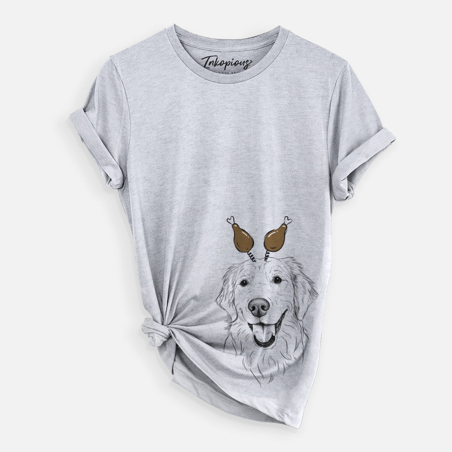 Hand-drawn sketch of Maple the Golden Retriever with a Thanksgiving turkey headpiece on a Grey Unisex crewneck