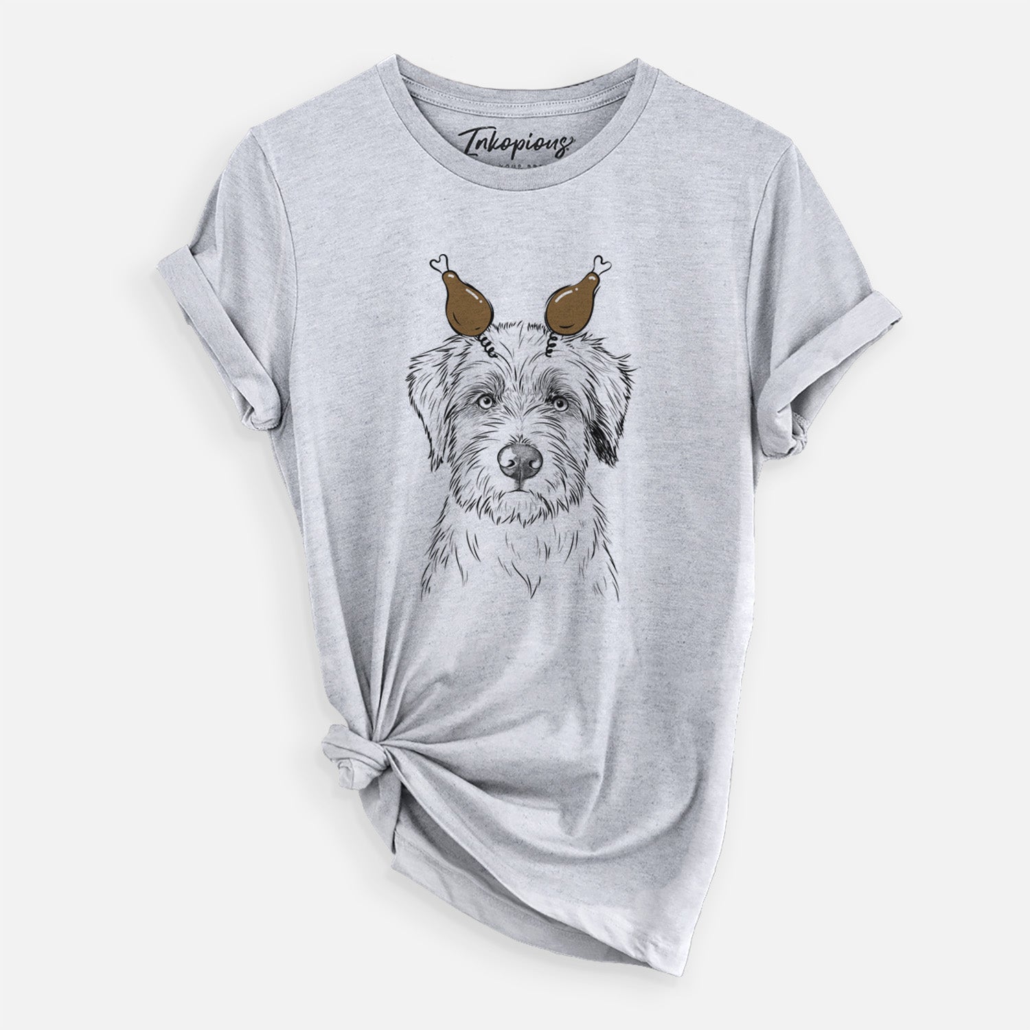 Hand-drawn sketch of Marek the Bernedoodle with a Thanksgiving turkey headpiece on a Grey Unisex crewneck