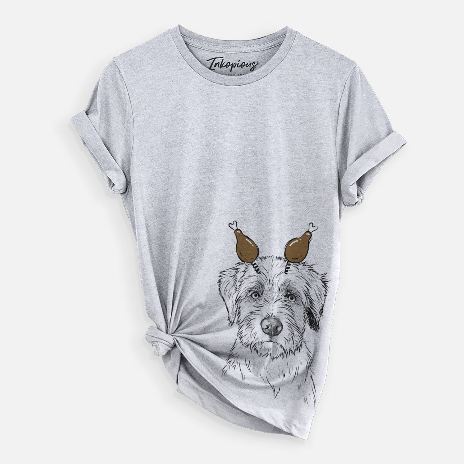 Hand-drawn sketch of Marek the Bernedoodle with a Thanksgiving turkey headpiece on a Grey Unisex crewneck