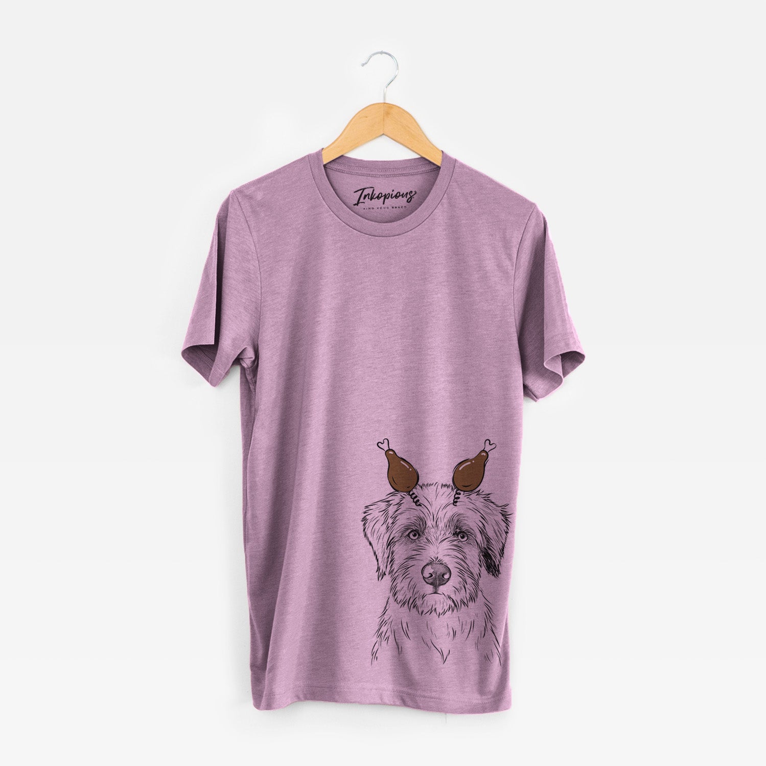 Hand-drawn sketch of Marek the Bernedoodle with a Thanksgiving turkey headpiece on an Orchid Unisex crewneck