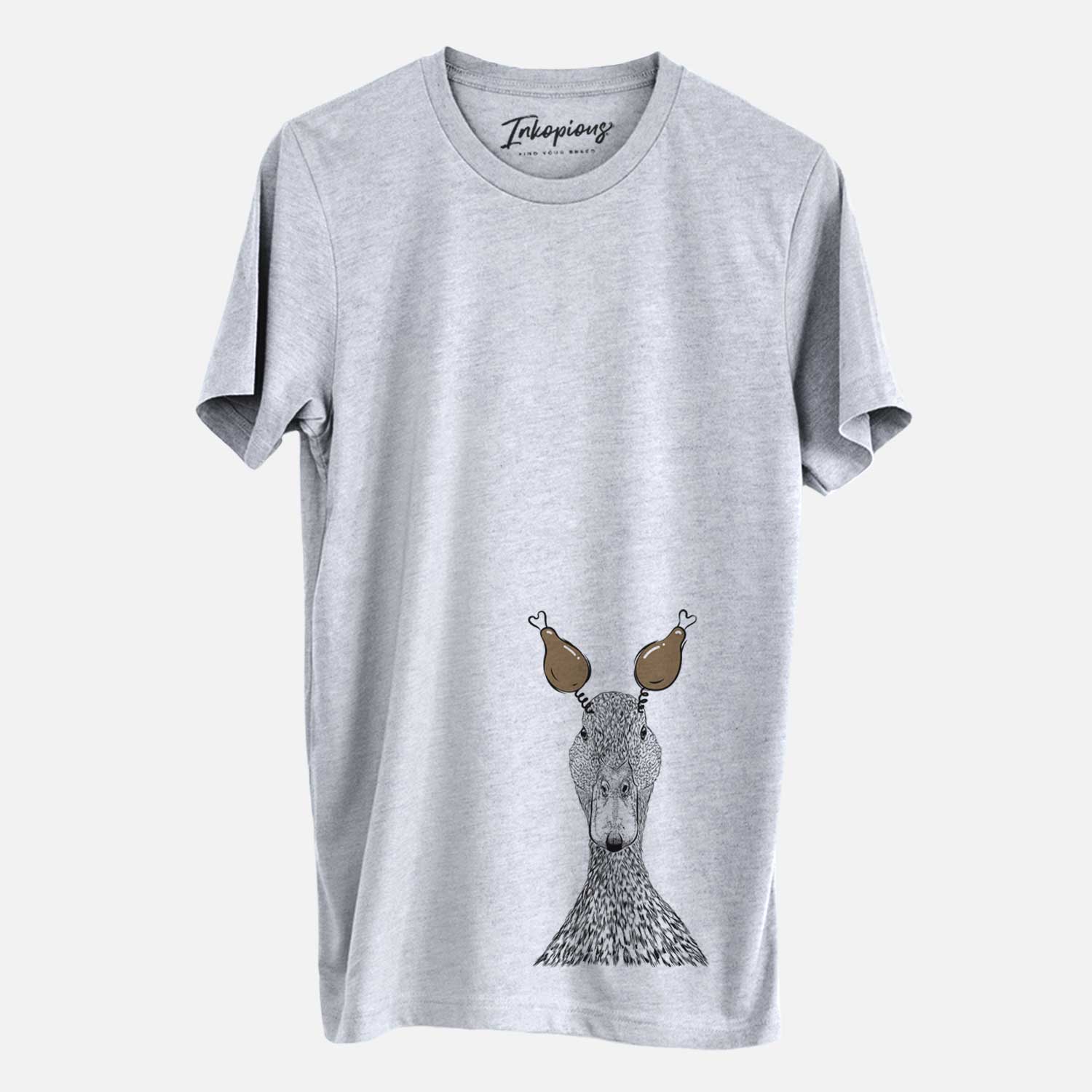 Hand-drawn sketch of Marge the Mallard Duck with a Thanksgiving turkey headpiece on a Grey Unisex crewneck