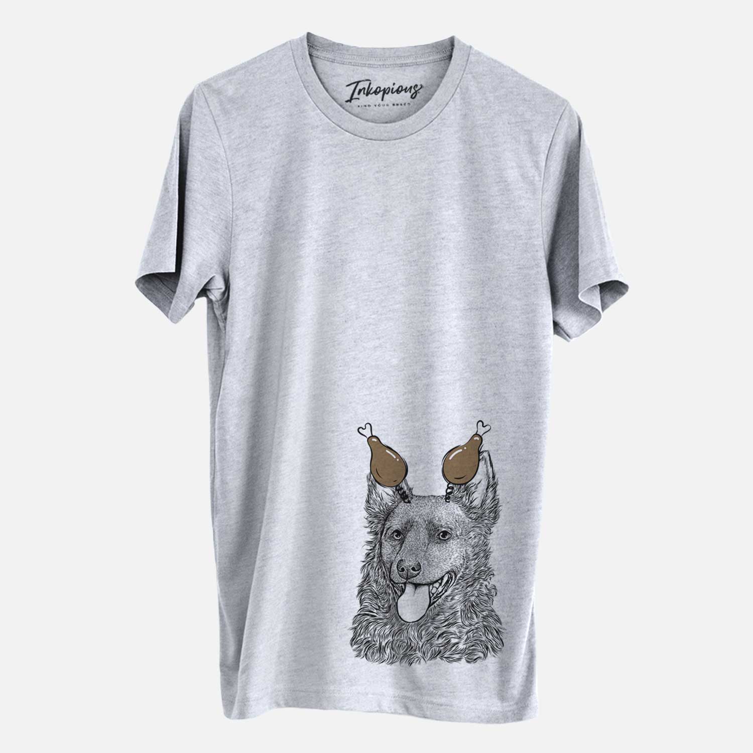 Hand-drawn sketch of Maximo the Mudi with a Thanksgiving turkey headpiece on a Grey Unisex crewneck