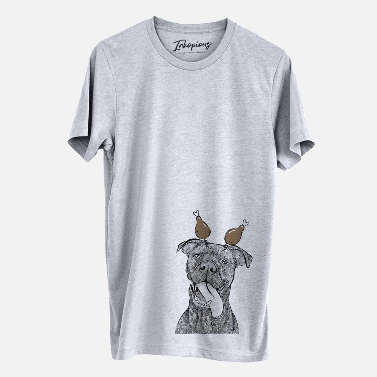 Hand-drawn sketch of Mikey the Boxador with a Thanksgiving turkey headpiece on a Grey Unisex crewneck