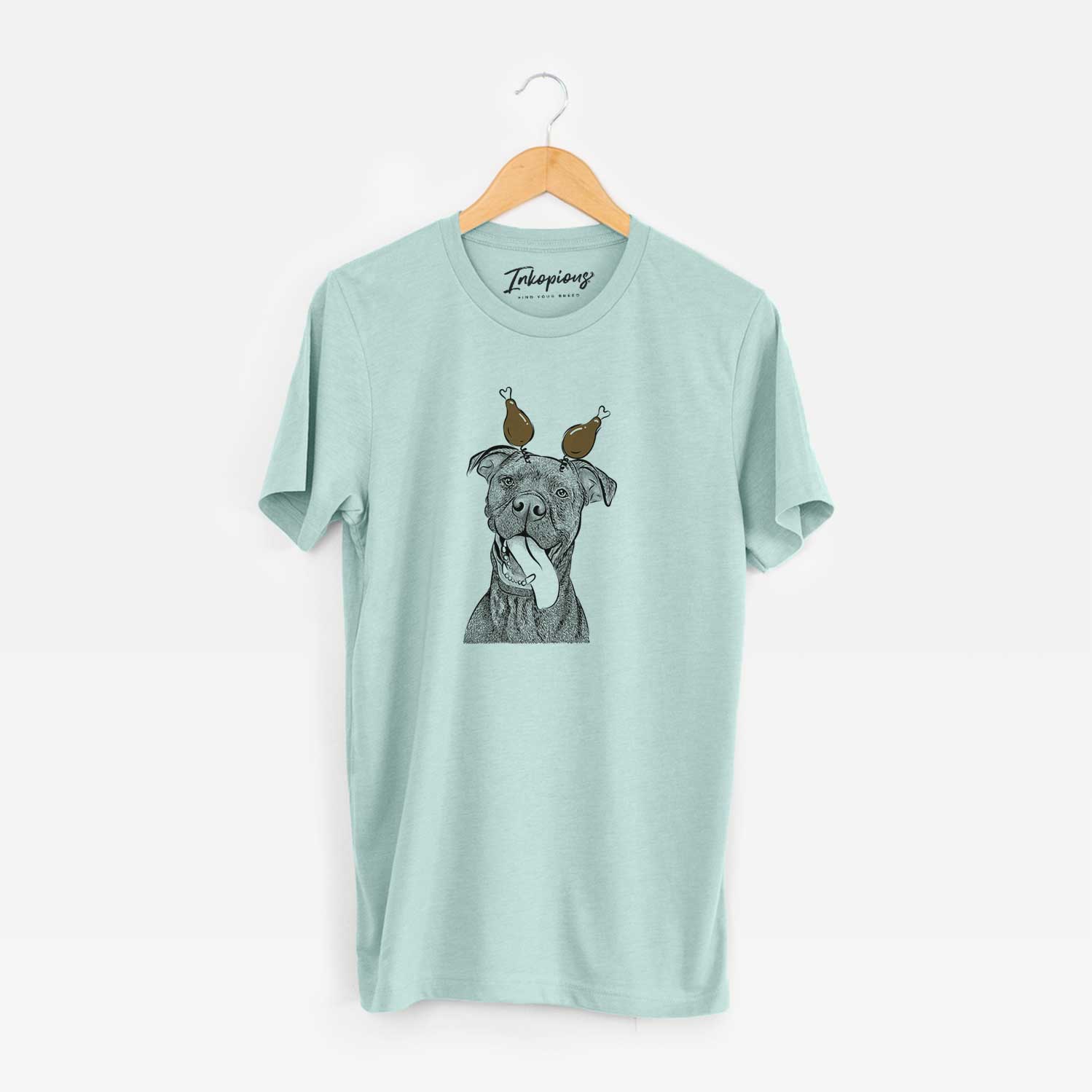 Hand-drawn sketch of Mikey the Boxador with a Thanksgiving turkey headpiece on a Heather Sage Unisex crewneck