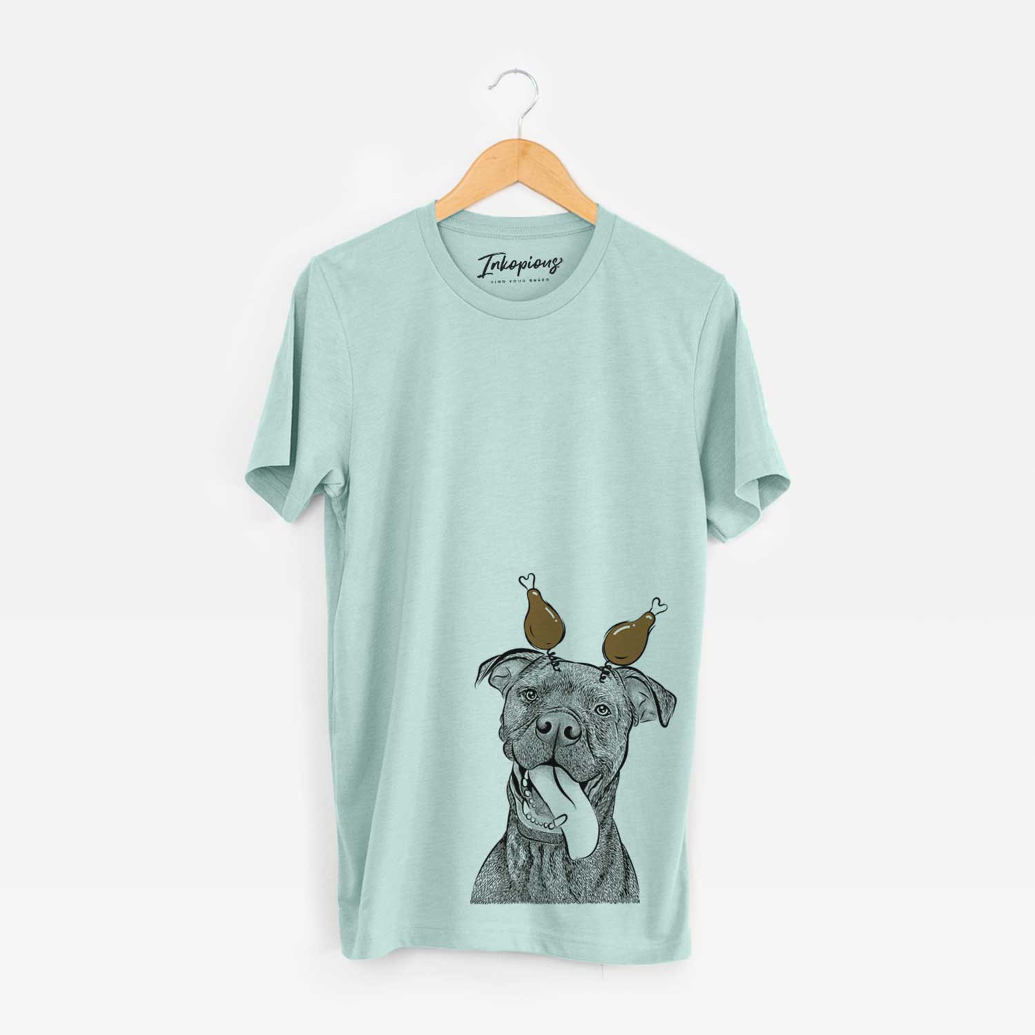 Hand-drawn sketch of Mikey the Boxador with a Thanksgiving turkey headpiece on a Heather Sage Unisex crewneck