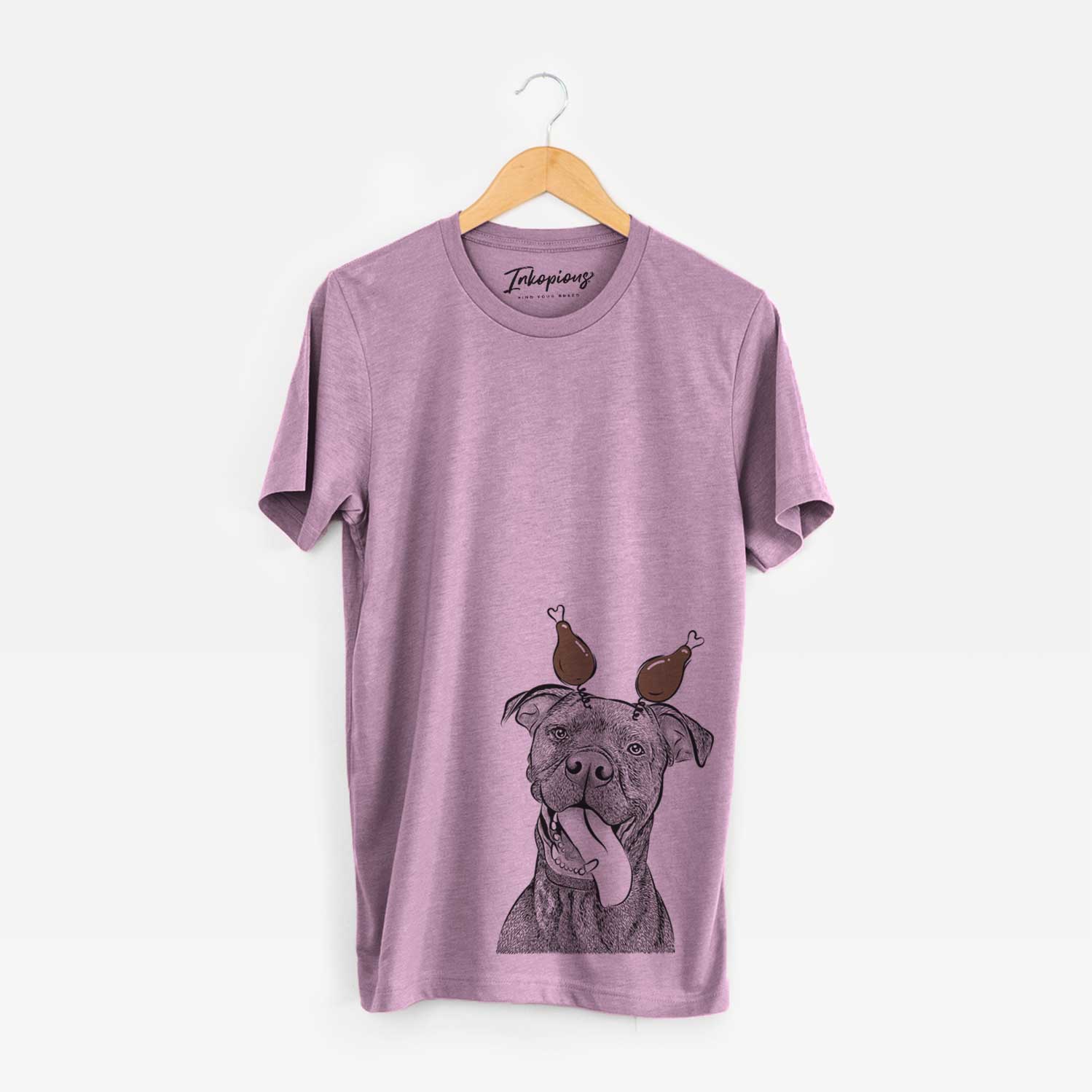 Hand-drawn sketch of Mikey the Boxador with a Thanksgiving turkey headpiece on an Orchid Unisex crewneck