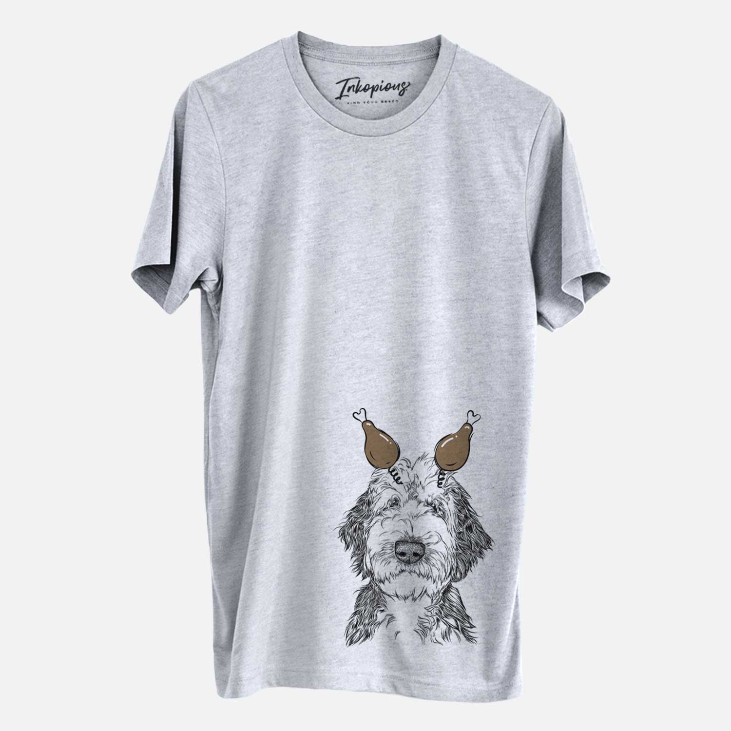 Hand-drawn sketch of Milo Fluff the Sheepadoodle with a Thanksgiving turkey headpiece on a Grey Unisex crewneck