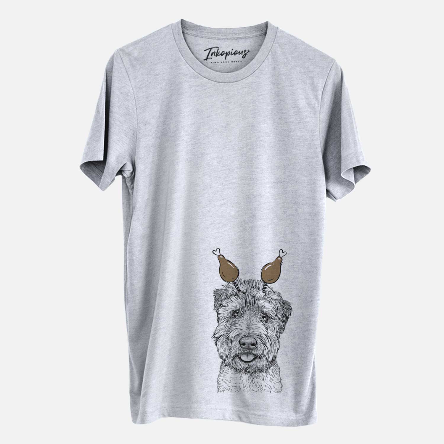 Hand-drawn sketch of Milton the Soft Coated Wheaten Terrier with a Thanksgiving turkey headpiece on a Grey Unisex crewneck