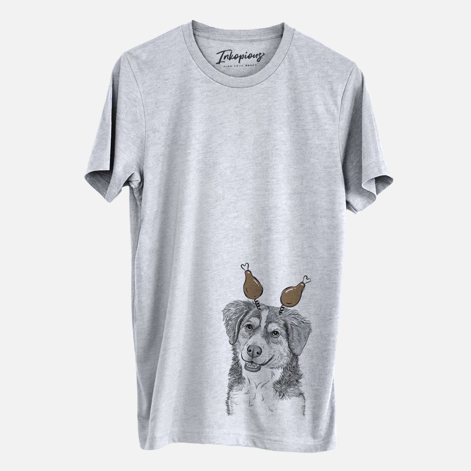 Hand-drawn sketch of Molly the Miniature Bernedoodle with a Thanksgiving turkey headpiece on a Grey Unisex crewneck