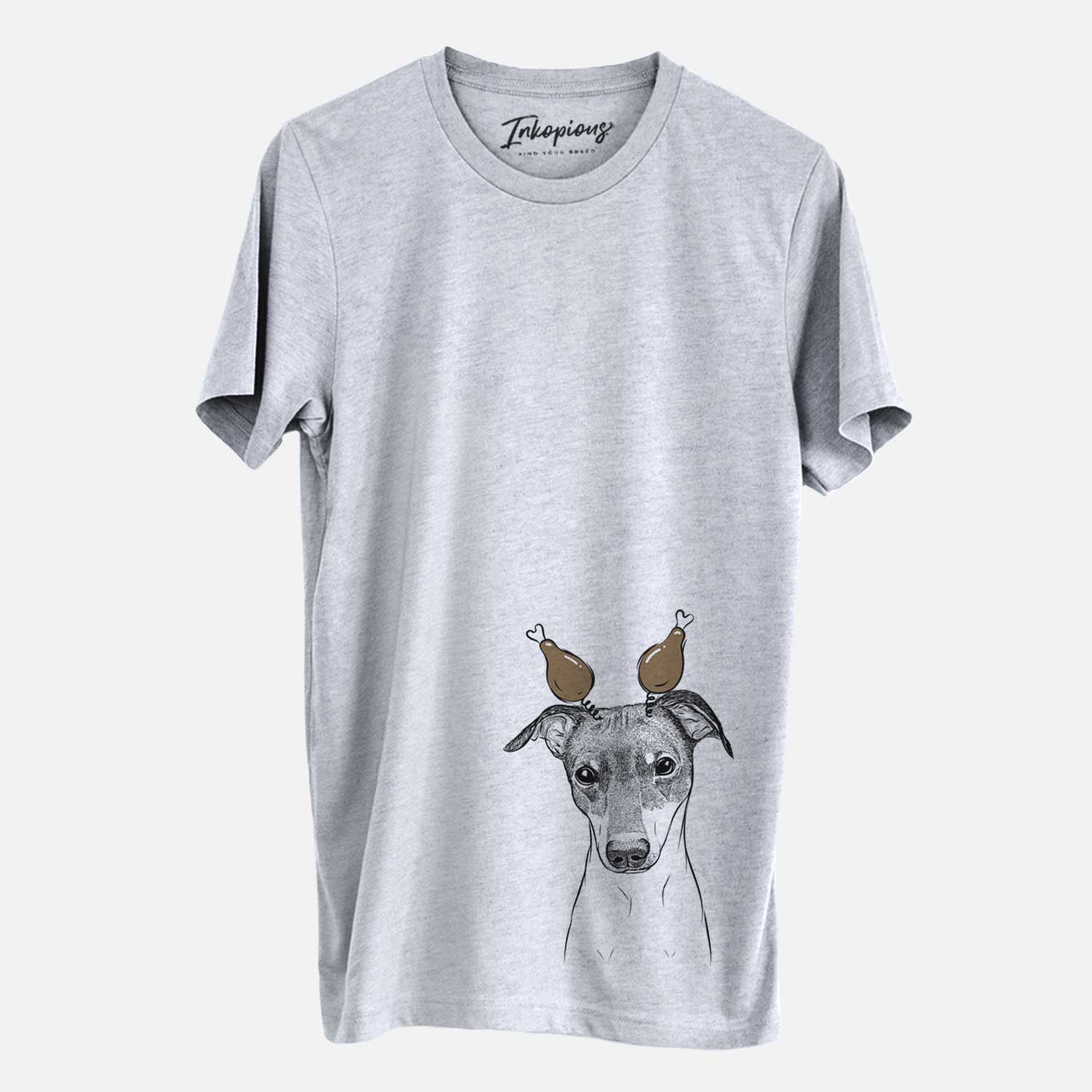 Hand-drawn sketch of Momo the Japanese Terrier with a Thanksgiving turkey headpiece on a Grey Unisex crewneck