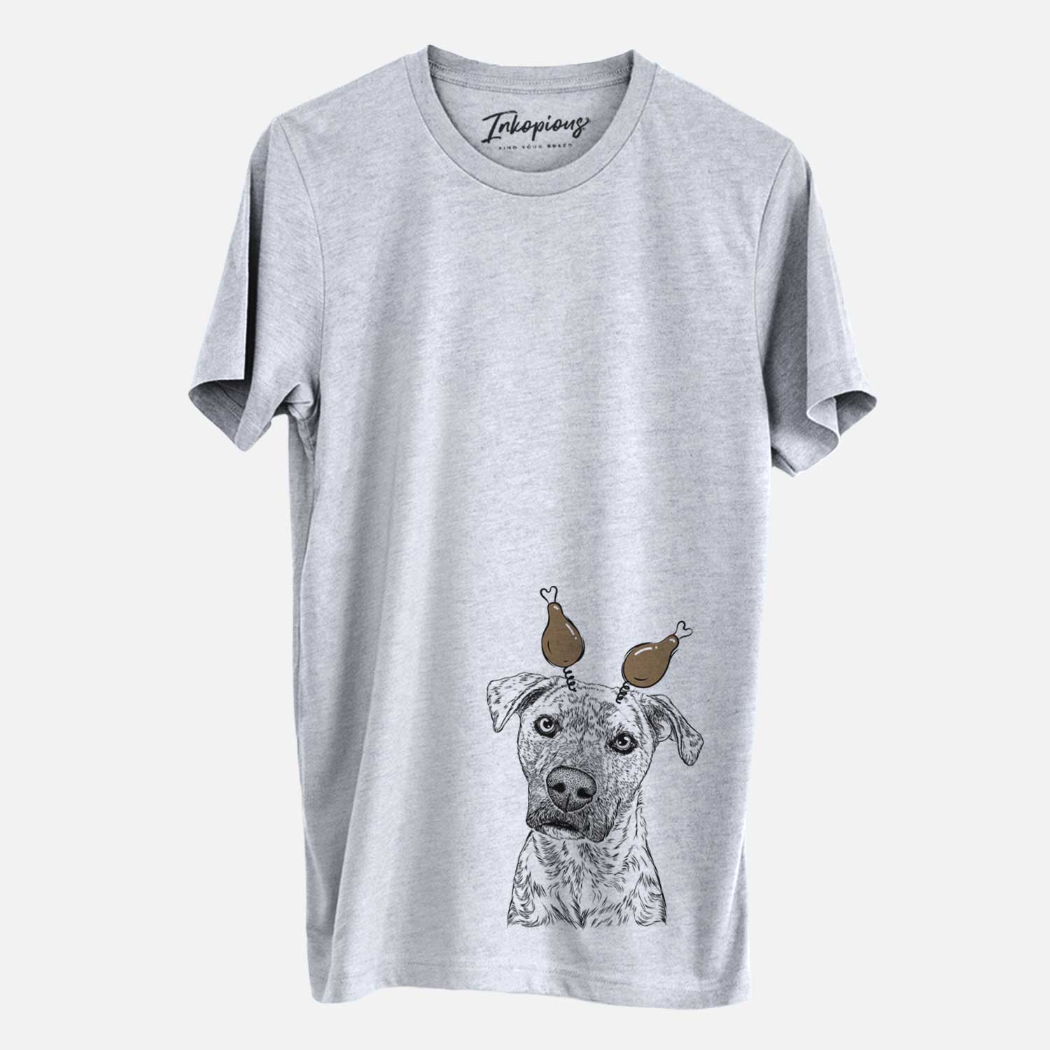 Hand-drawn sketch of Monster Baby the Pitbull Mix with a Thanksgiving turkey headpiece on a Grey Unisex crewneck