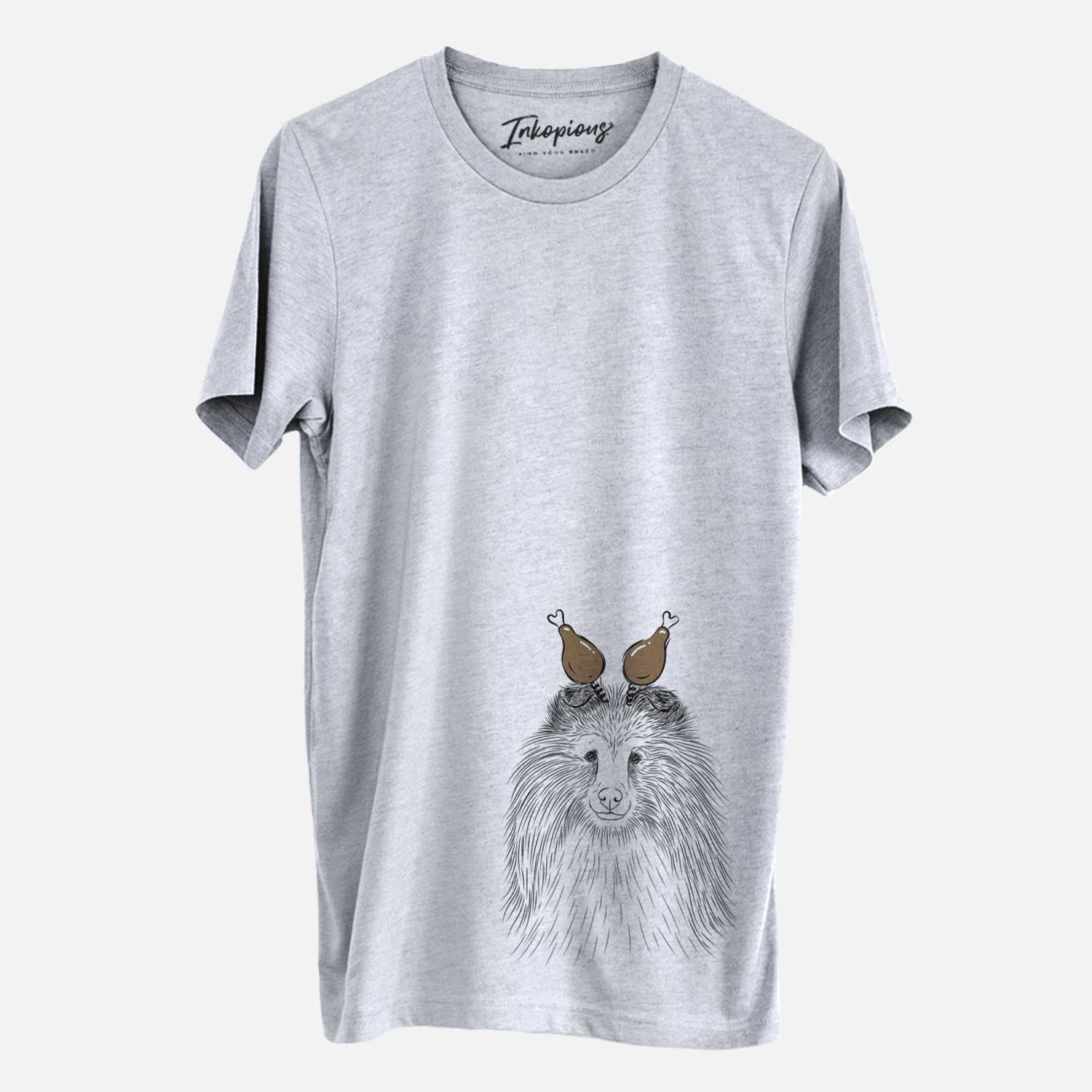 Hand-drawn sketch of Moxie the Shetland Sheepdog with a Thanksgiving turkey headpiece on a Grey Unisex crewneck