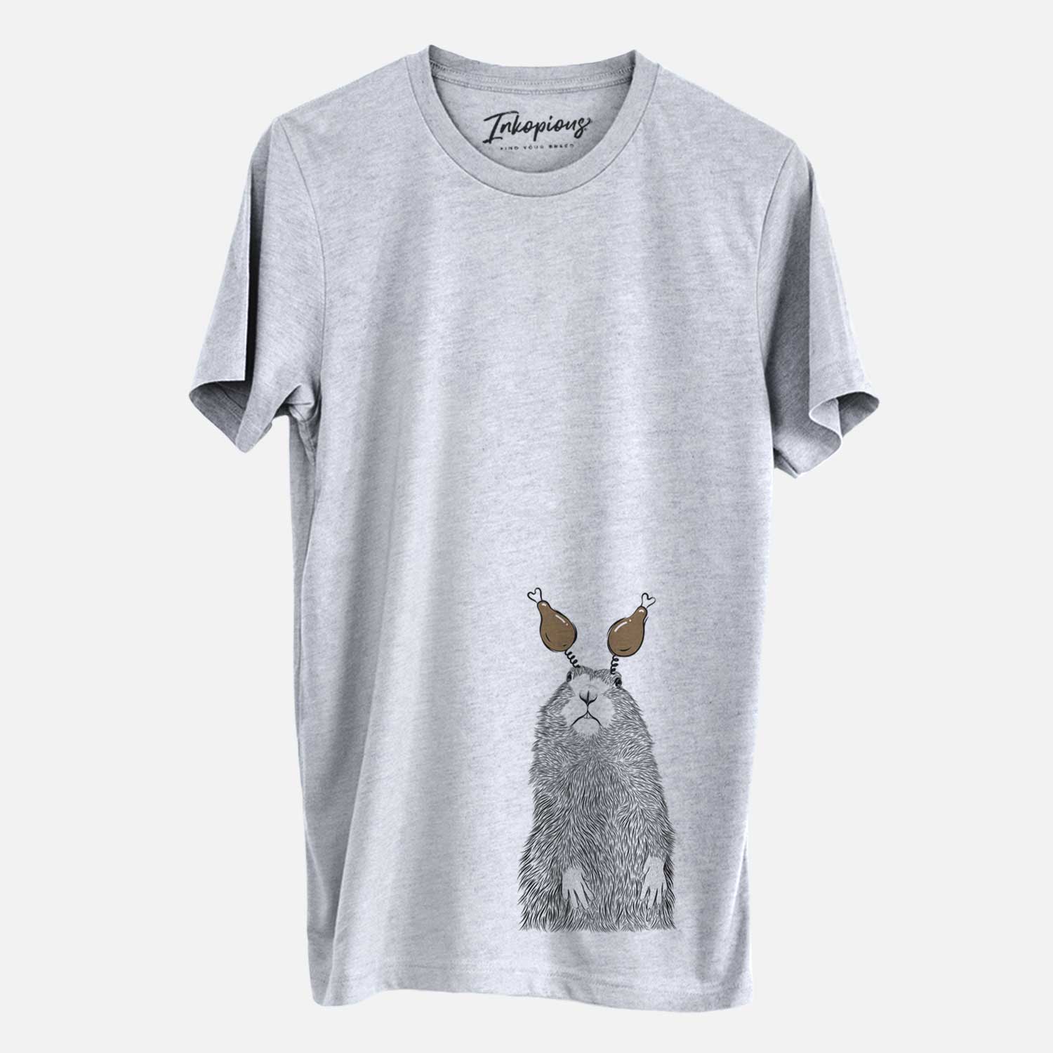 Hand-drawn sketch of Mr. Otis the Prairie Dog with a Thanksgiving turkey headpiece on a Grey Unisex crewneck