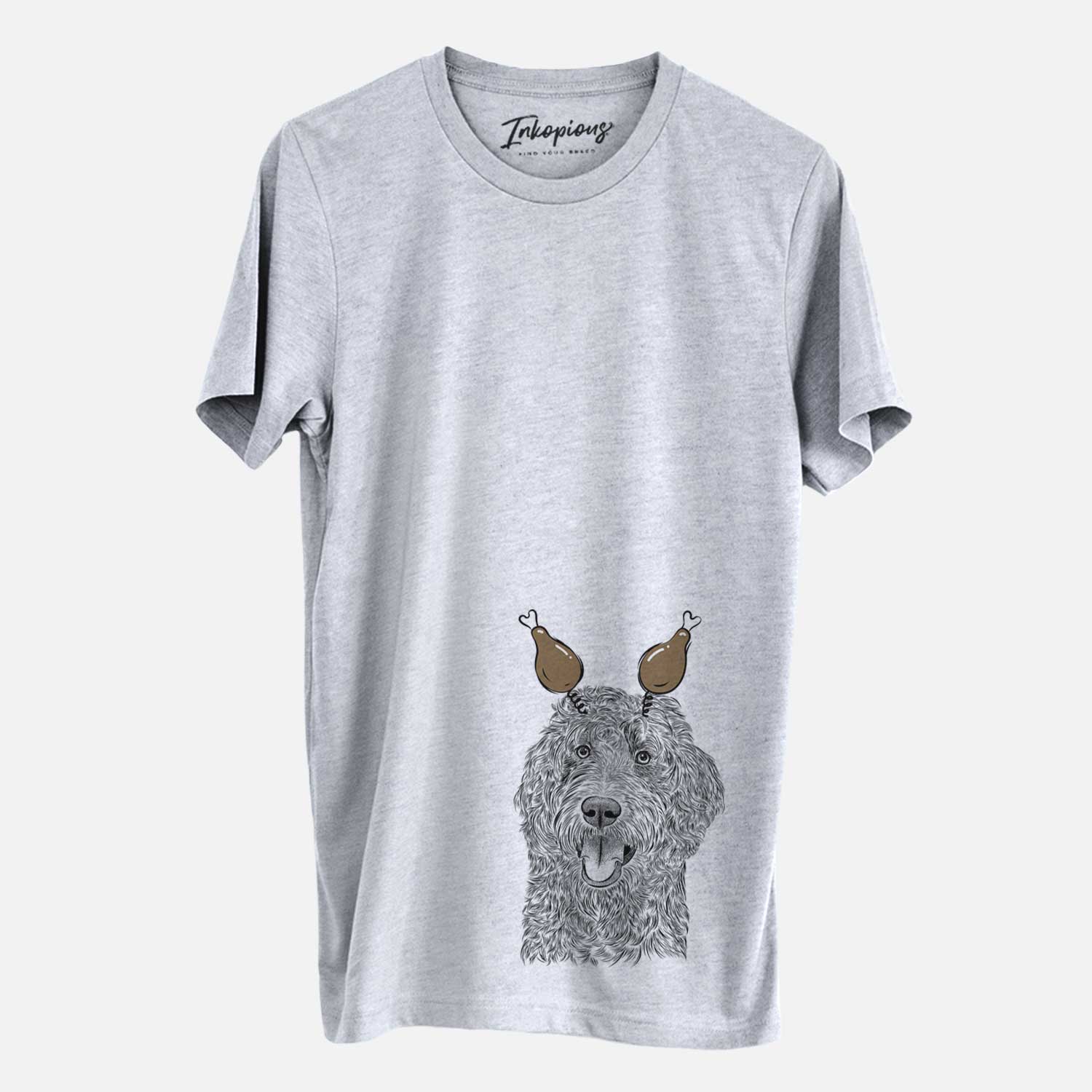 Hand-drawn sketch of Murr Dog the Labradoodle with a Thanksgiving turkey headpiece on a Grey Unisex crewneck