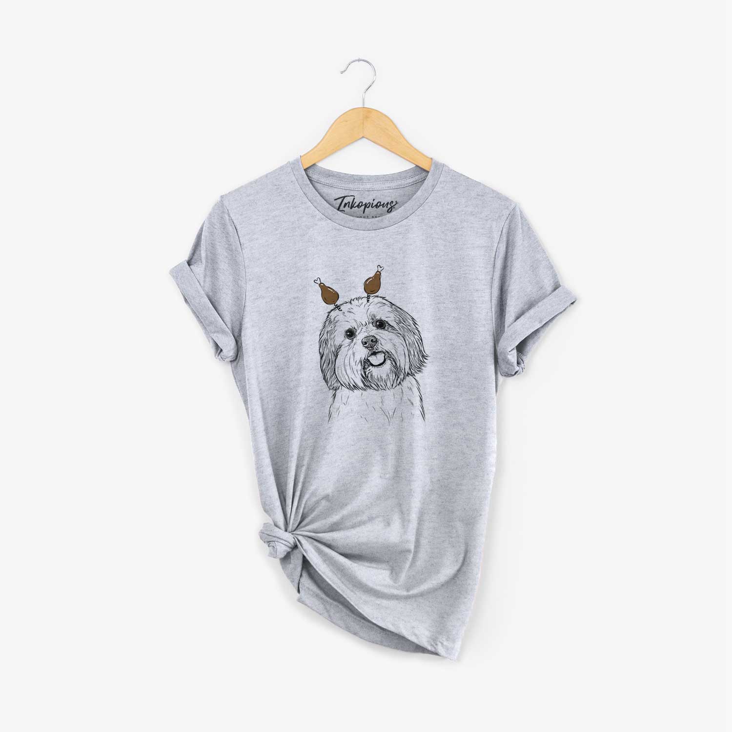 Hand-drawn sketch of Nikka the Lowchen with a Thanksgiving turkey headpiece on a Grey Unisex crewneck
