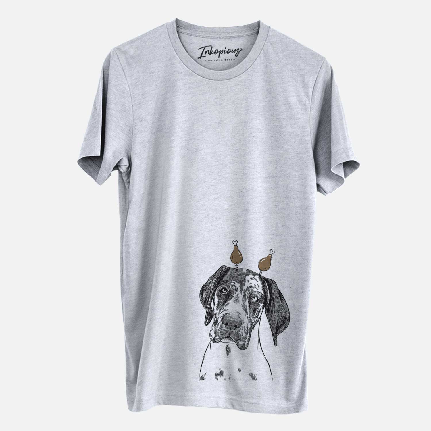 Hand-drawn sketch of Nyx the Great Dane with a Thanksgiving turkey headpiece on a Grey Unisex crewneck