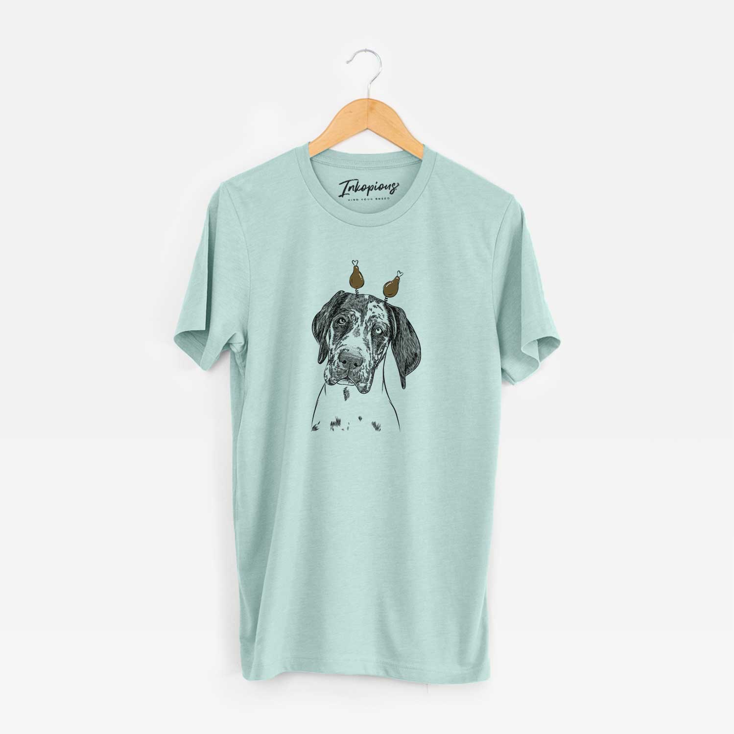 Hand-drawn sketch of Nyx the Great Dane with a Thanksgiving turkey headpiece on a Heather Sage Unisex crewneck