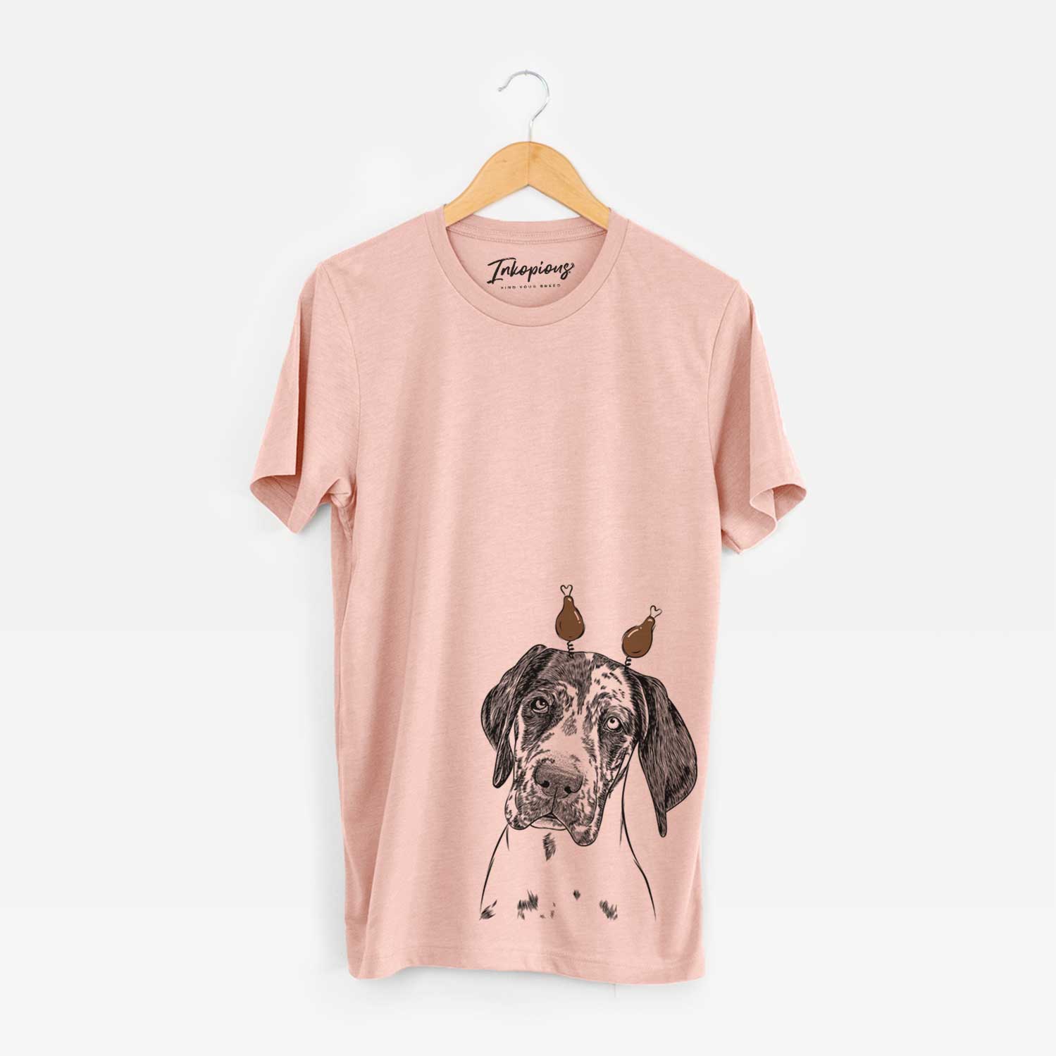 Hand-drawn sketch of Nyx the Great Dane with a Thanksgiving turkey headpiece on a Peach Unisex crewneck