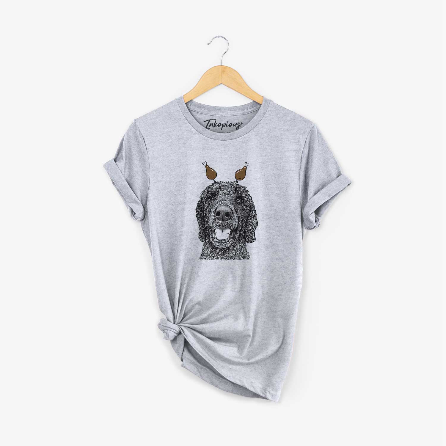 Hand-drawn sketch of Obi James the Goldendoodle with a Thanksgiving turkey headpiece on a Grey Unisex crewneck