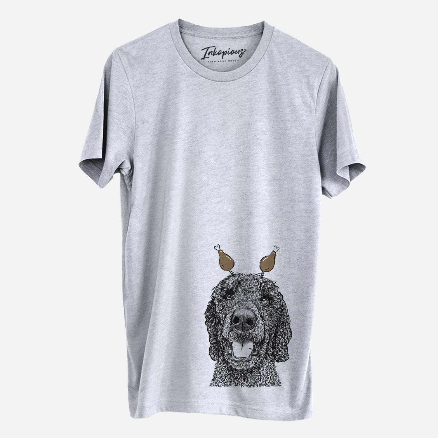 Hand-drawn sketch of Obi James the Goldendoodle with a Thanksgiving turkey headpiece on a Grey Unisex crewneck