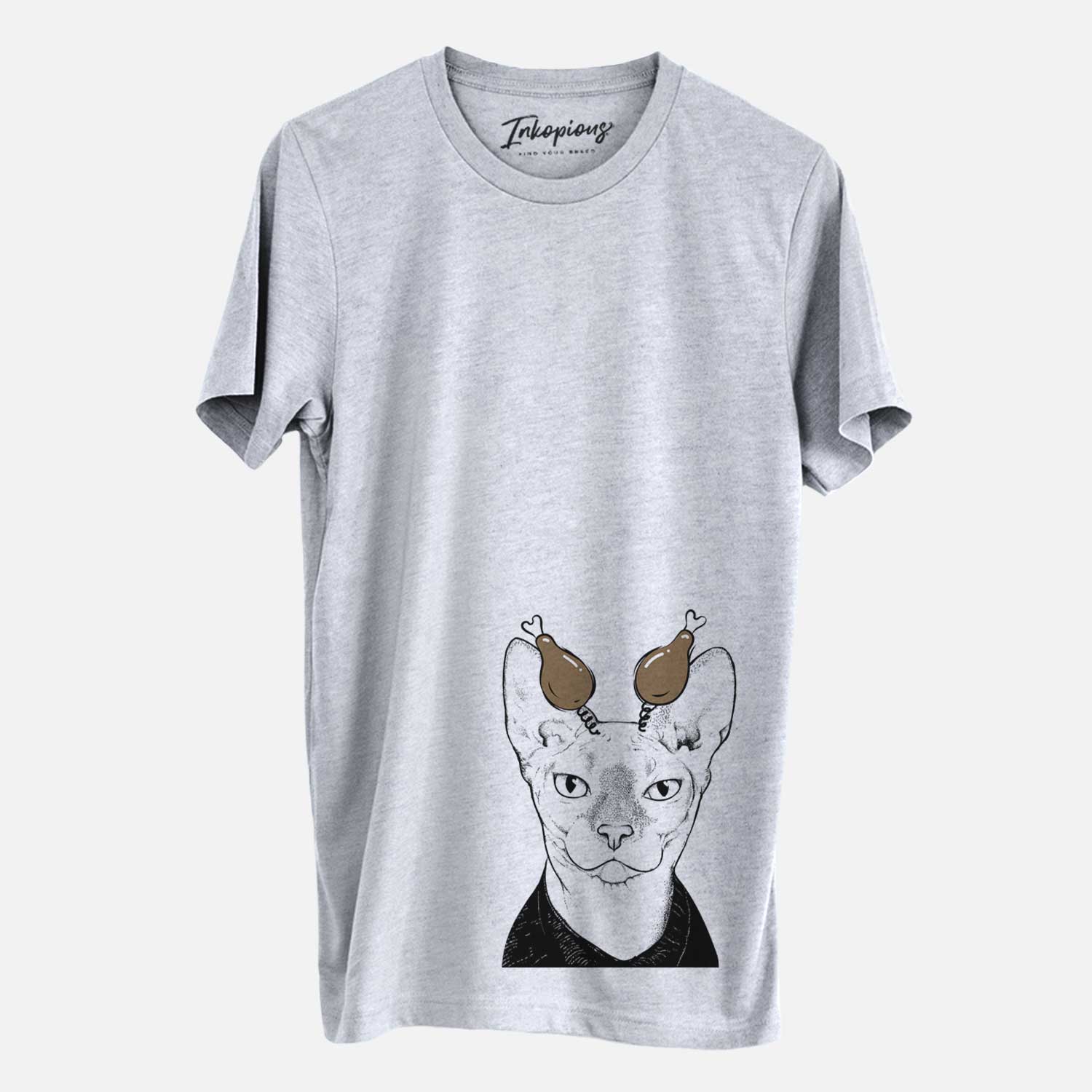 Hand-drawn sketch of Oliver Watson the Sphynx Cat with a Thanksgiving turkey headpiece on a Grey Unisex crewneck