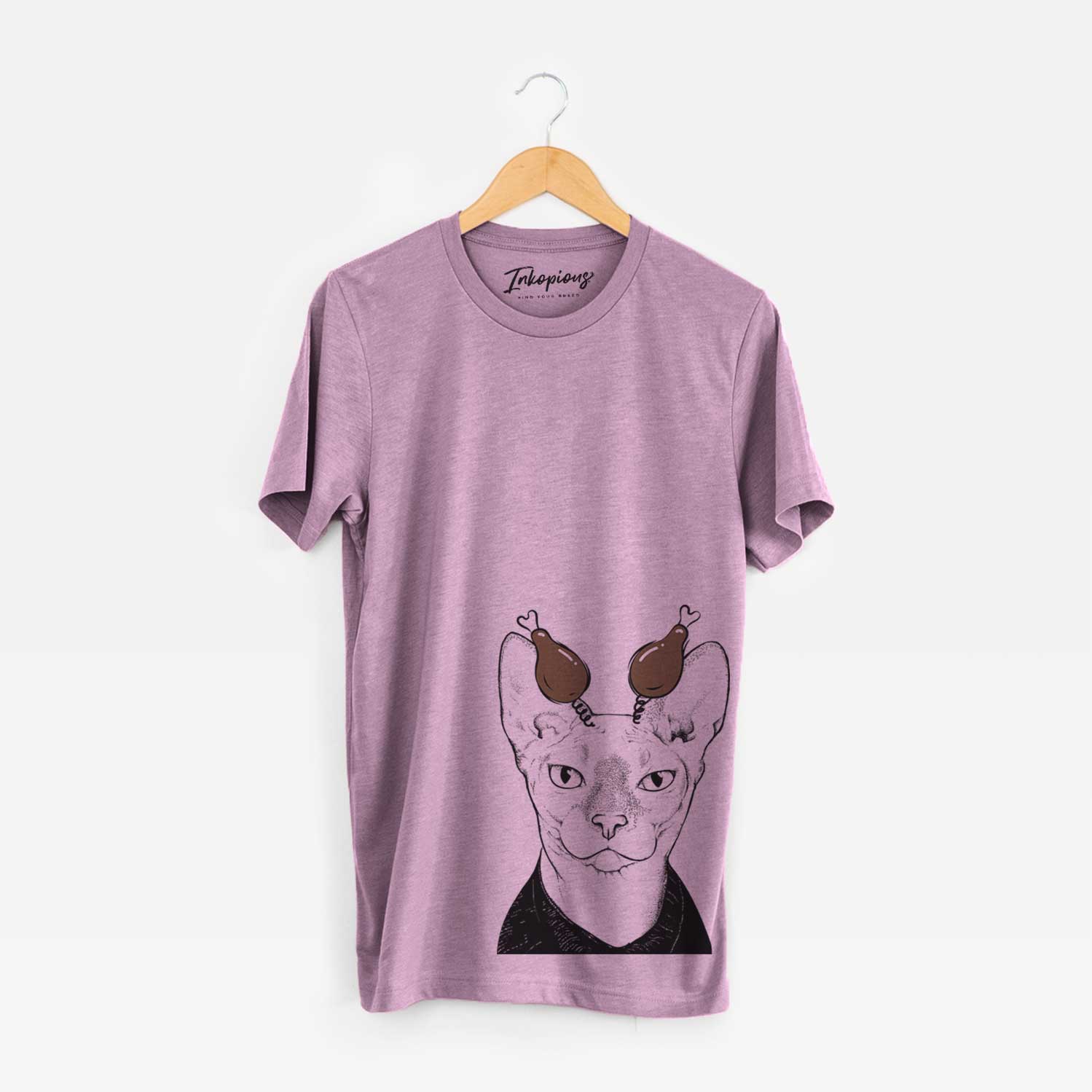 Hand-drawn sketch of Oliver Watson the Sphynx Cat with a Thanksgiving turkey headpiece on an Orchid Unisex crewneck