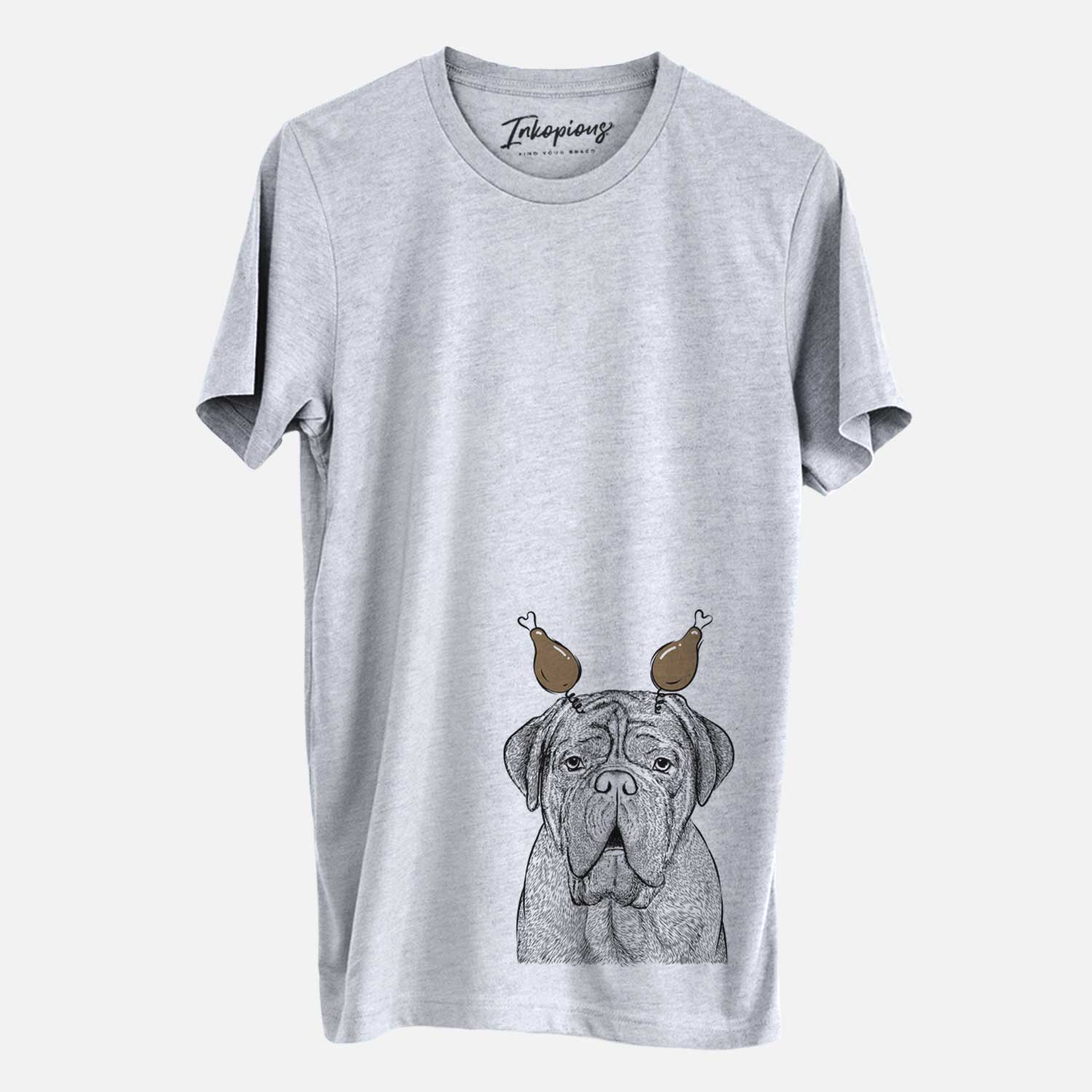 Hand-drawn sketch of Optimus the Dogue de Bordeaux with a Thanksgiving turkey headpiece on a Grey Unisex crewneck