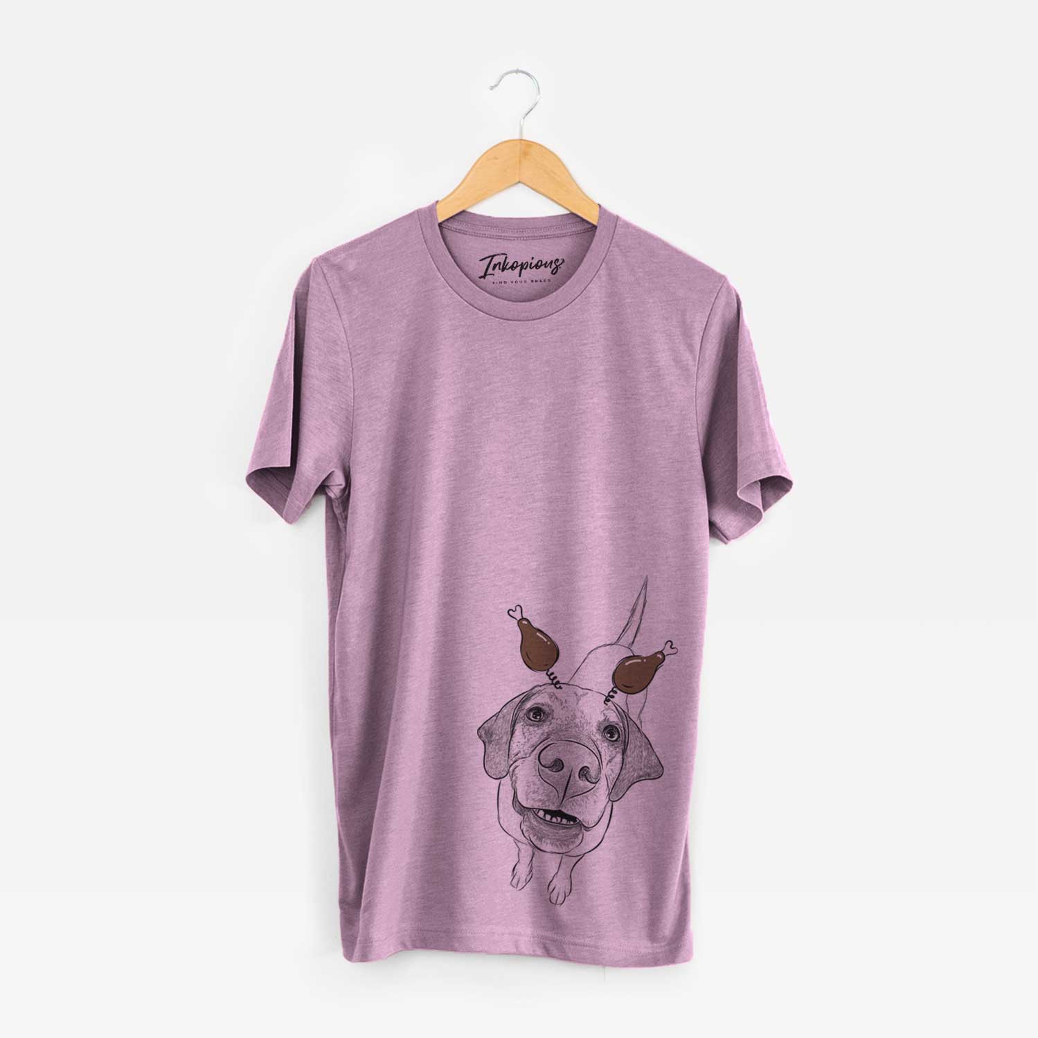 Hand-drawn sketch of Oquirrh the Vizsla with a Thanksgiving turkey headpiece on an Orchid Unisex crewneck