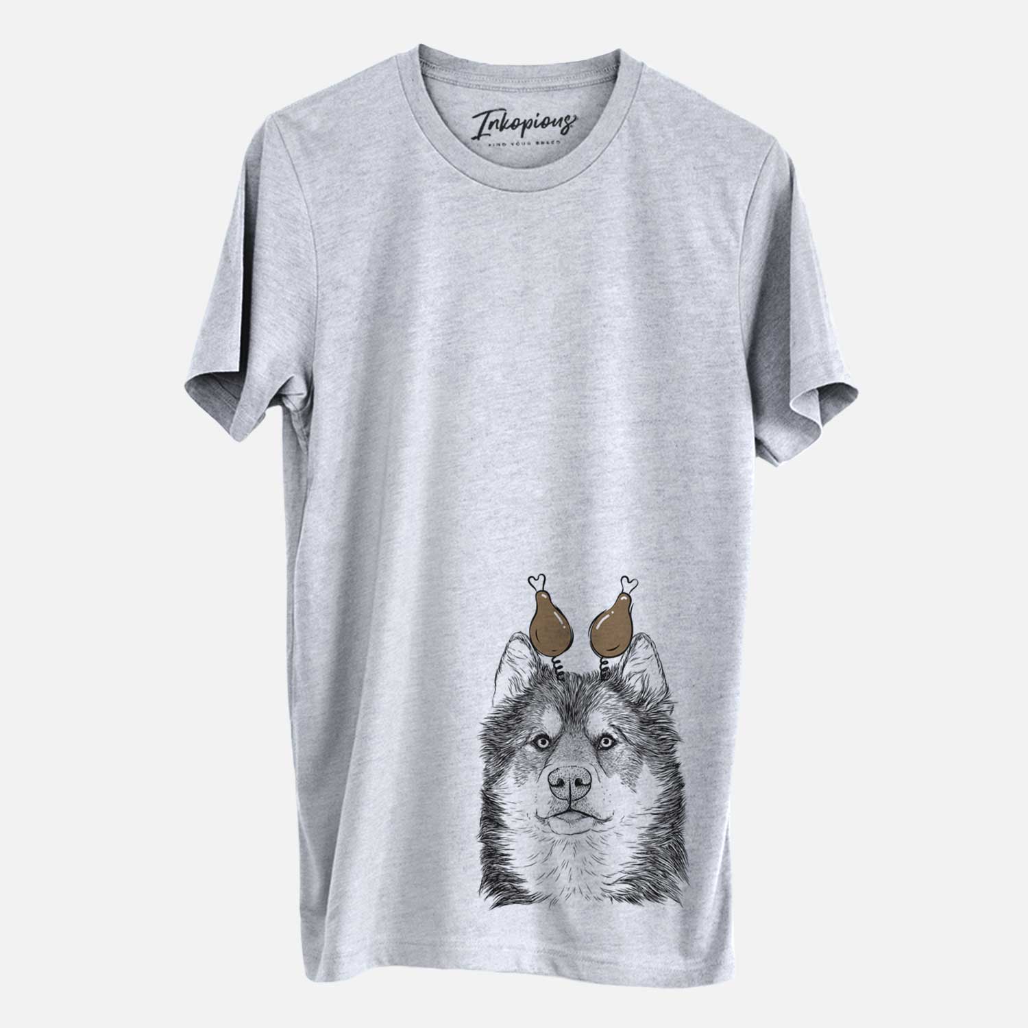 Hand-drawn sketch of Oskar the Canadian Eskimo Dog with a Thanksgiving turkey headpiece on a Grey Unisex crewneck
