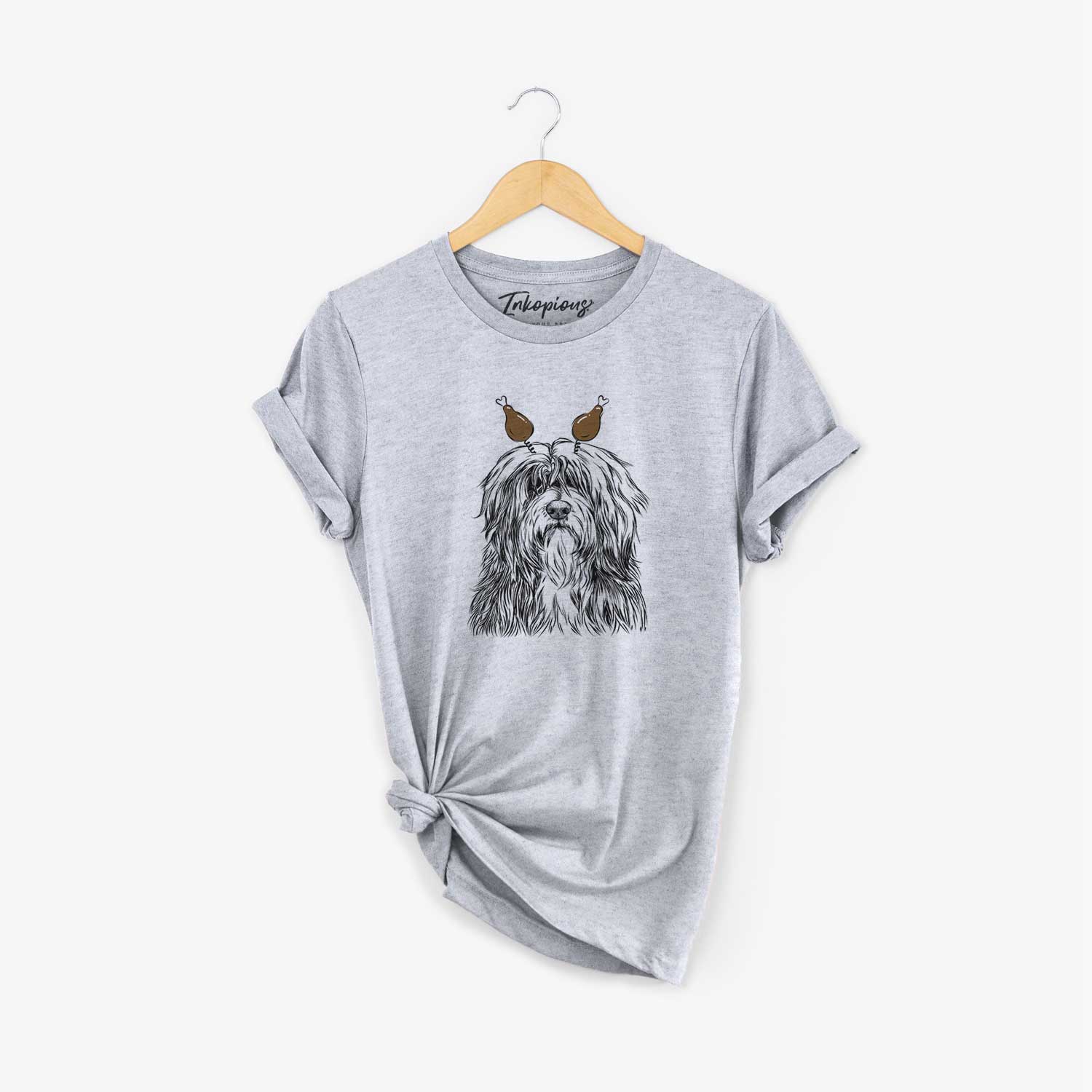 Hand-drawn sketch of Otto the Polish Lowland Sheepdog with a Thanksgiving turkey headpiece on a Grey Unisex crewneck