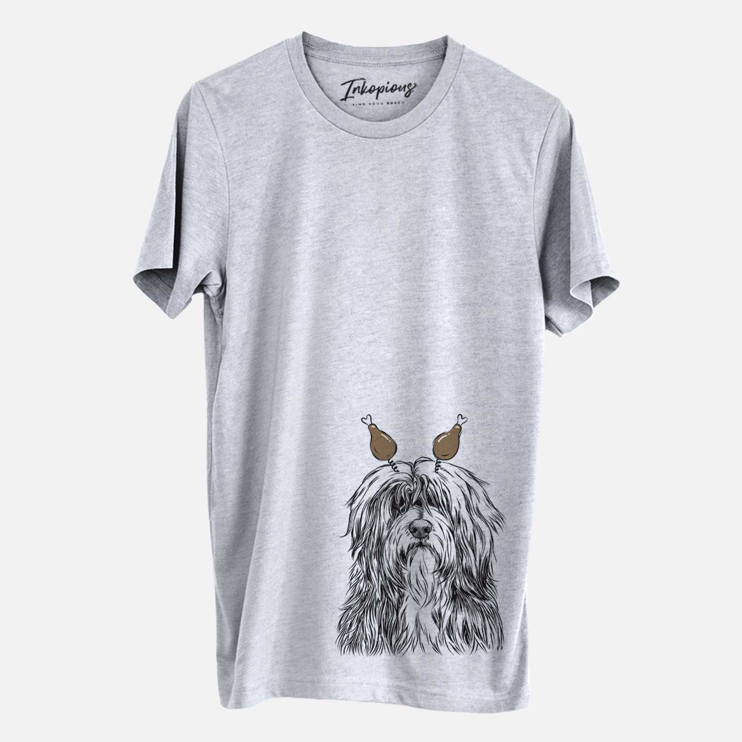 Hand-drawn sketch of Otto the Polish Lowland Sheepdog with a Thanksgiving turkey headpiece on a Grey Unisex crewneck